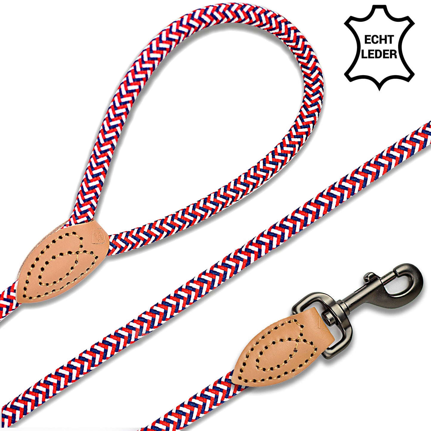 ne&no® Hundeleine (blau/weiß/rot) Tauleine für Hunde I Trainingsleine für Hunde I Führleine rund, geflochten I Handschlaufe Seilleine Hund I Cityleine I 1.2m Dog Leash