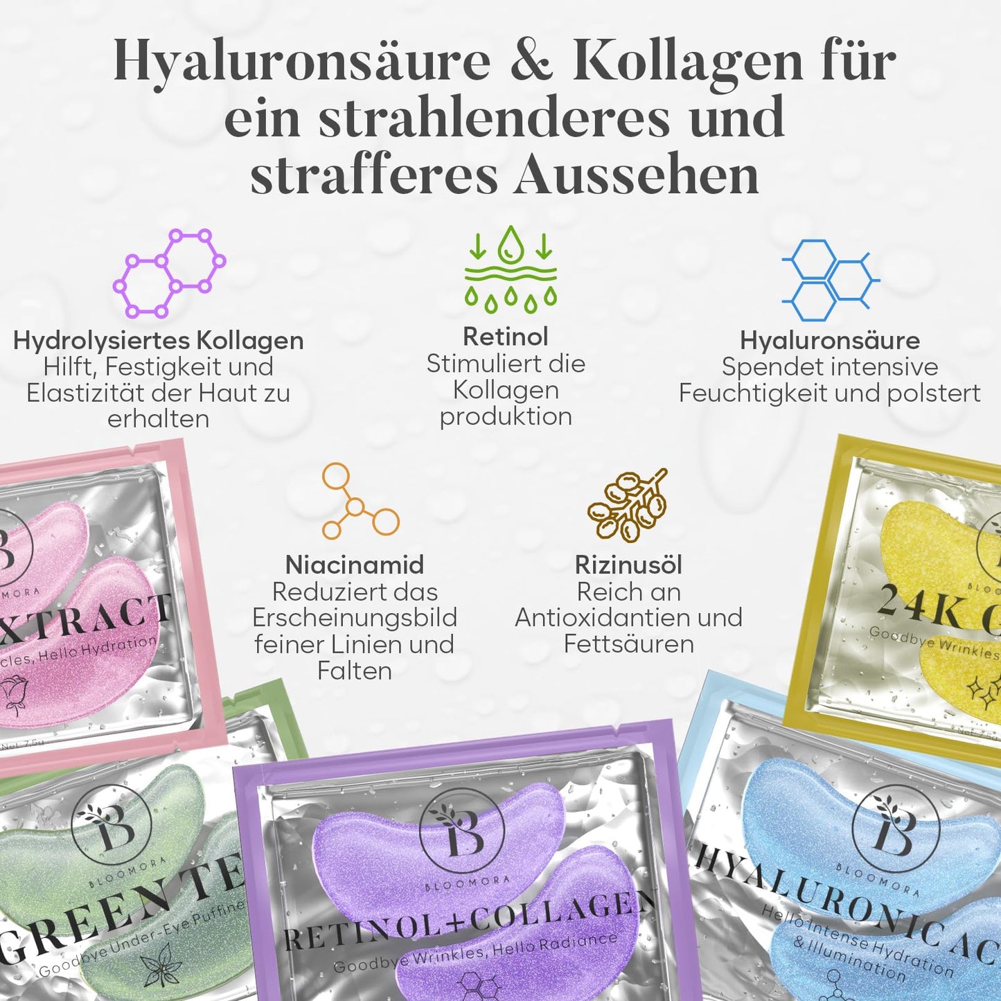 BLOOMORA Gemischte Augenpads (30 Paare) | Eye Pads mit Niacinamid & Augenpads Hyaluron | Augenpads Gegen Augenringe | Augenringe Entfernen | Eye Patches