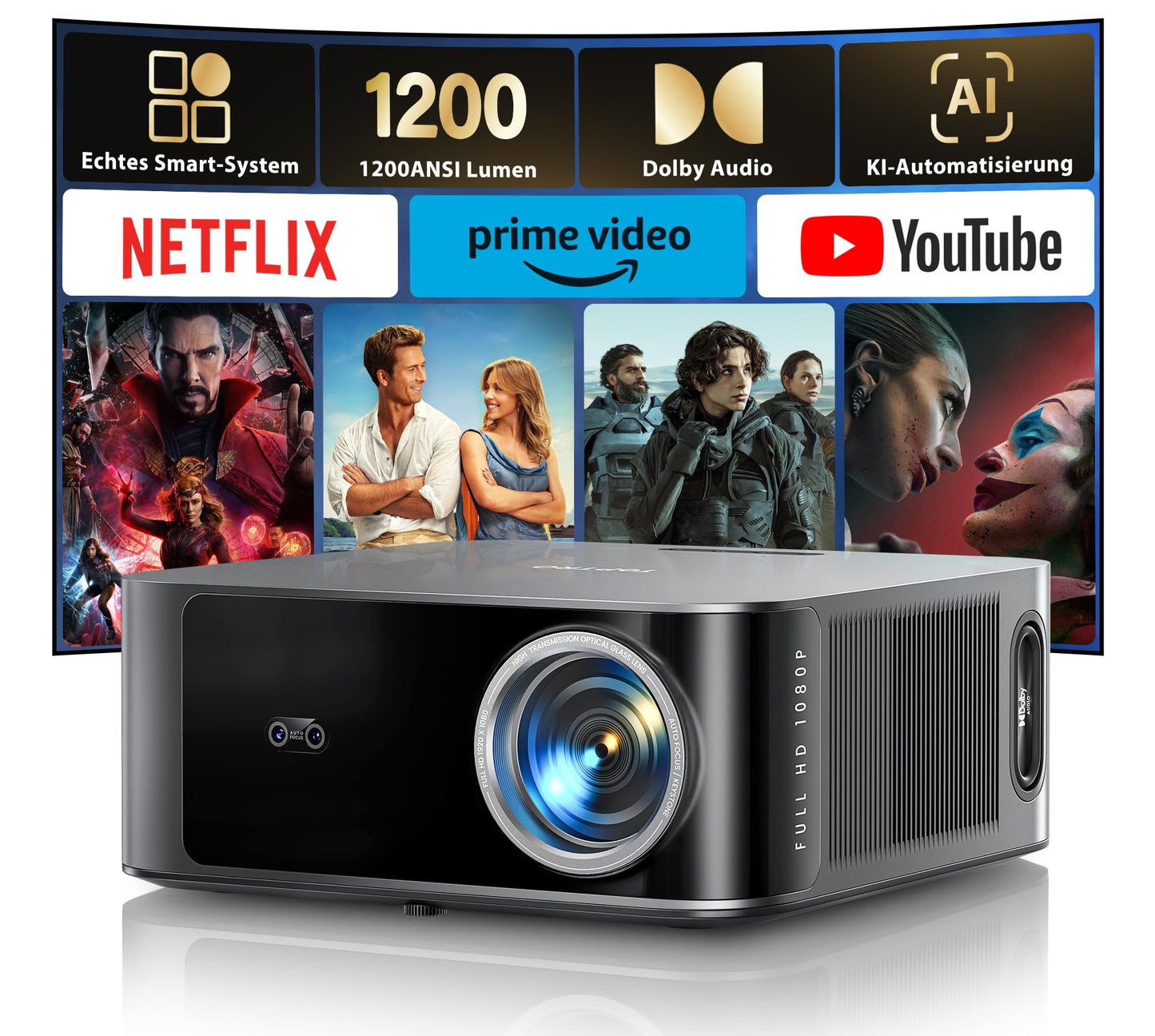 Beamer 4K【Offizielles Netflix & 36W Dolby Audio】 Toptro 1200 ANSI Smart Beamer Heimkino, 1080P Full HD Video Projektor mit Zwei-Wege Bluetooth WiFi, KI-Autofokus & Trapezkorrektur für Outdoor/Handy