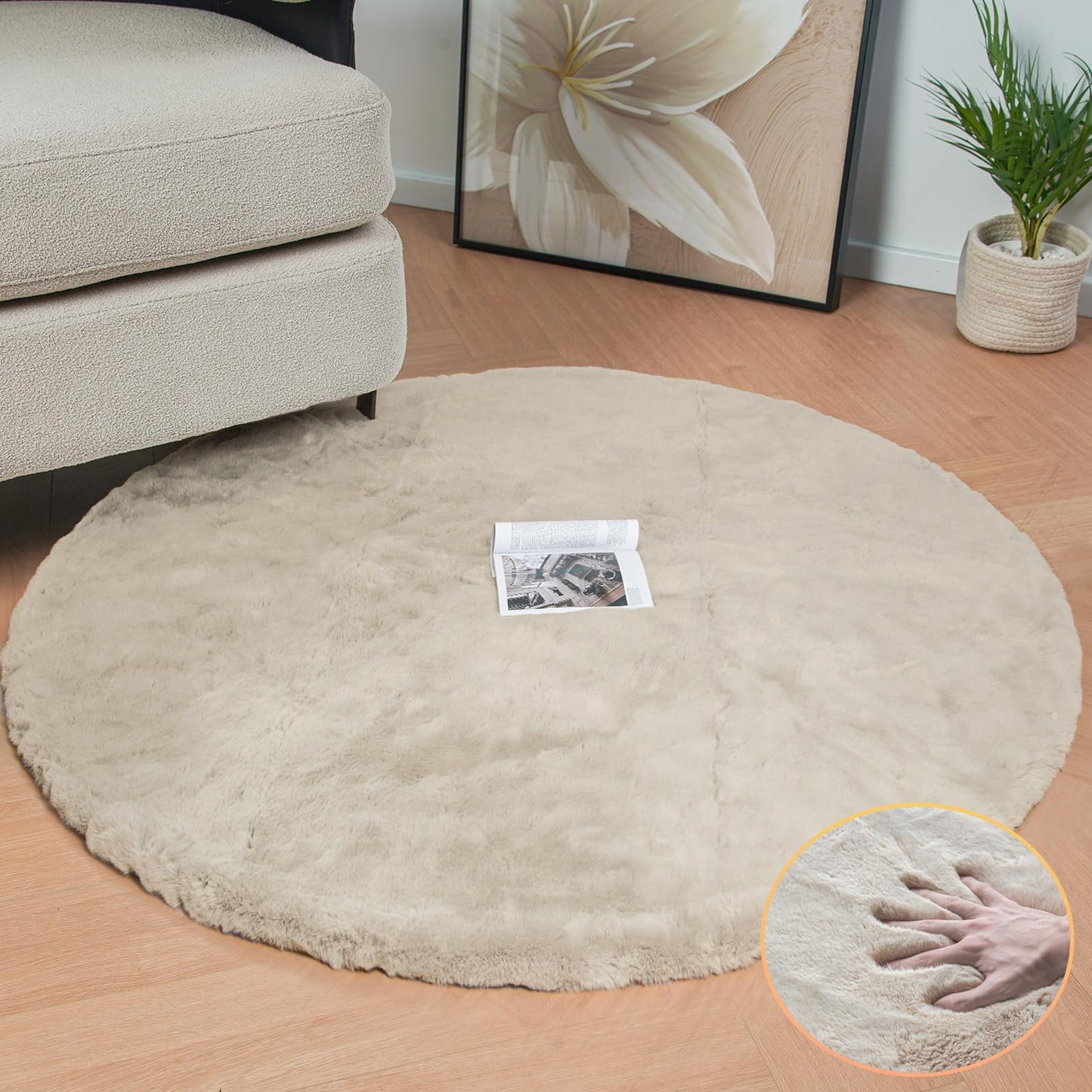 ORINOVA Teppich Beige Rund Waschbar Flauschig 90 cm Kunstfell Teppich Wohnzimmer Schlafzimmer Kinderzimmer Kurzflor Fellteppich Deko Kuschelig