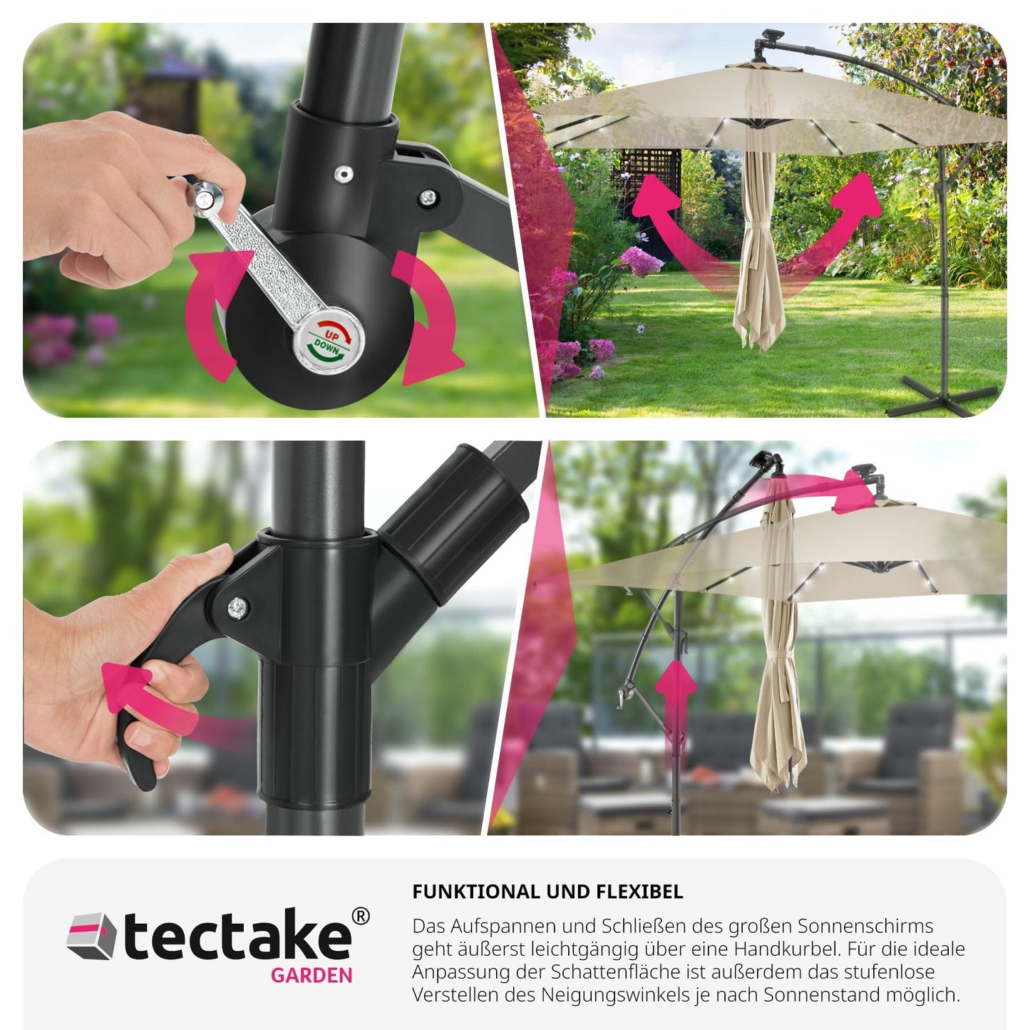 tectake® Sonnenschirm rechteckig, mit Solar LED Beleuchtung, wasserabweisend, inkl. Schutzhülle und Kurbel, Ampelschirm, Sonnenschutz Terrasse, Balkon Sonnenschirm groß, Marktschirm, Ø250cm - beige