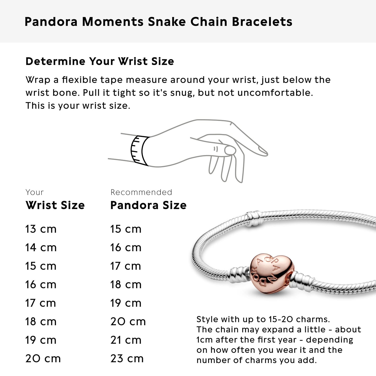 PANDORA Moments Schlangen-Gliederarmband mit Herz-Verschluss aus Sterling-Silber und rosévergoldeter Metalllegierung, kompatibel mit Charms und Anhängern aus der Moments Kollektion, Größe: 17cm