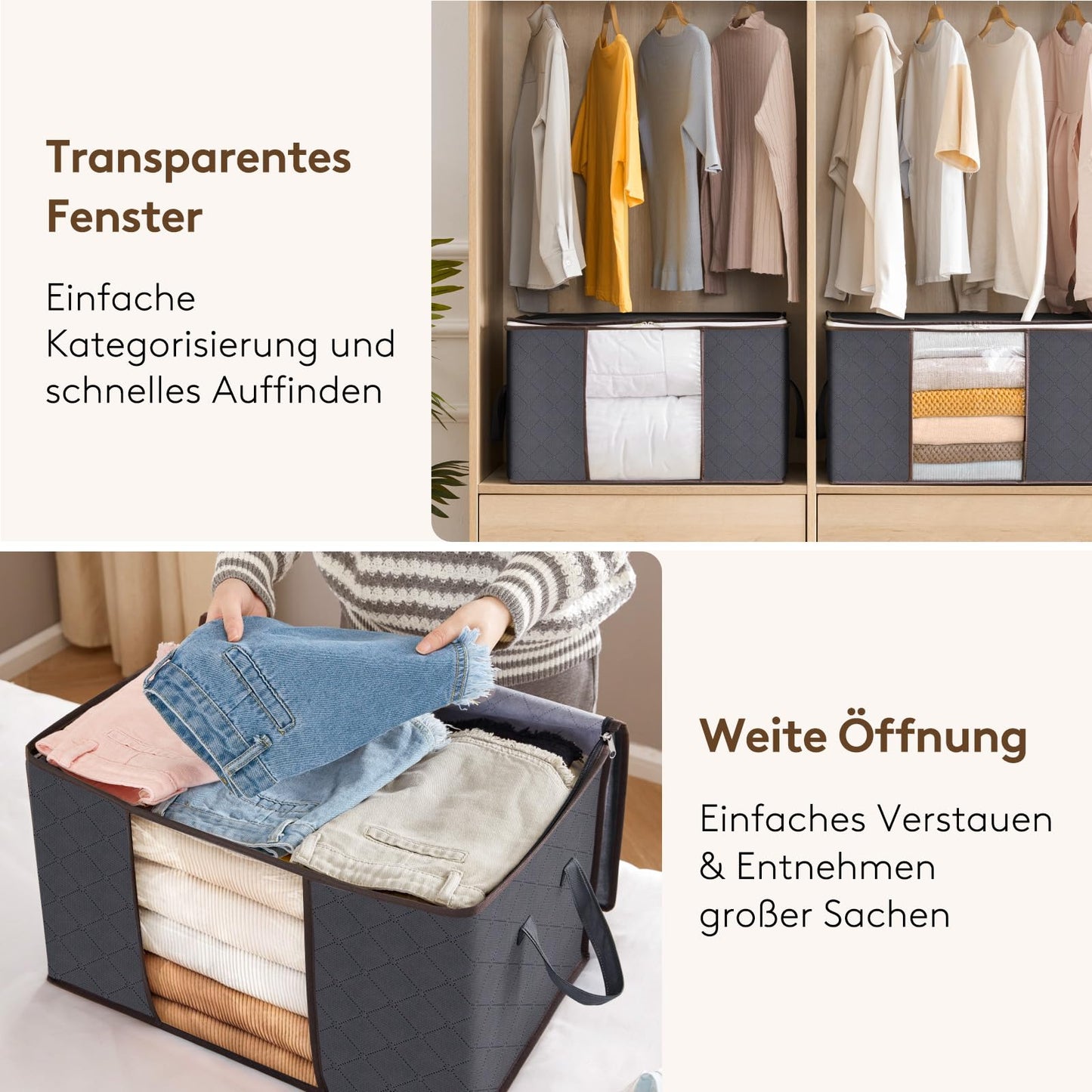 Lifewit 6 Stück Aufbewahrungstasche, Aufbewahrungsbox mit Deckel, Kleiderschrank Organizer Faltbare Kleideraufbewahrung Umzugskartons mit Verstärkt Griff für Bettdecken Kleidung Decke, Grau
