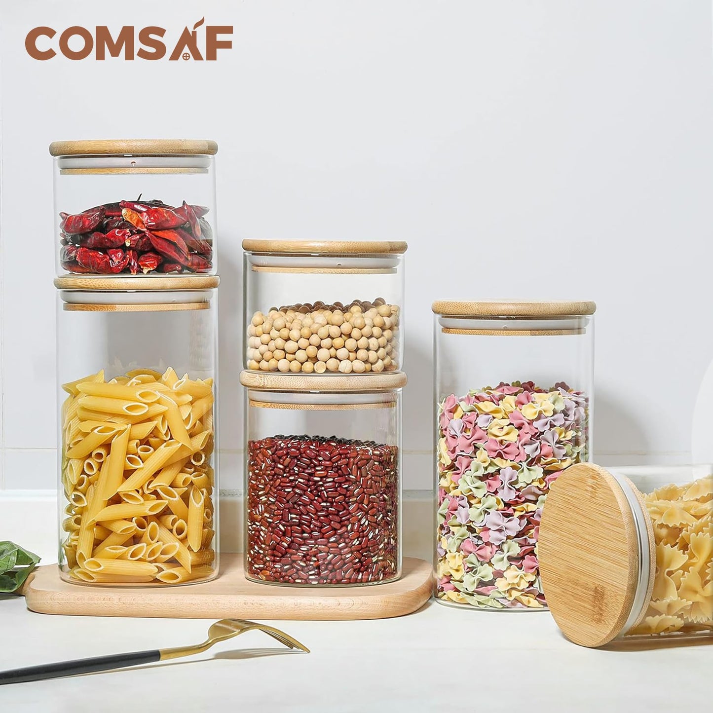 ComSaf 500ml/800ml/1200ml Luftdichter Vorratsgläser mit Deckel Rund, 6er Set Aufbewahrungsglas Küche aus Borosilikatglas, Glasbehälter Vorratdosen Set für Gewürz Spagetti Getreide Bohnen