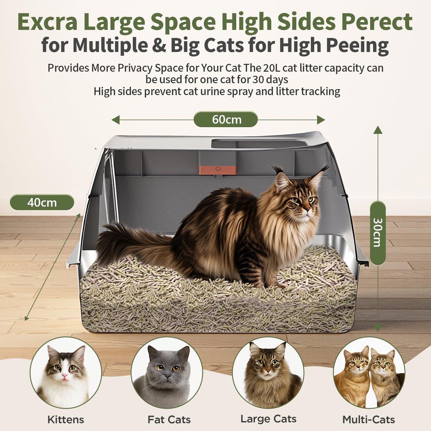 Gimars 3 in 1 Hochwandiger Anti-Auslauf Edelstahl Katzentoilette XXL mit Deckel, Extra Großes Geschlossenes Katzenklo XXL mit Schaufel, Front- und Deckeleinstieg für Mehrkatzenhaushalte