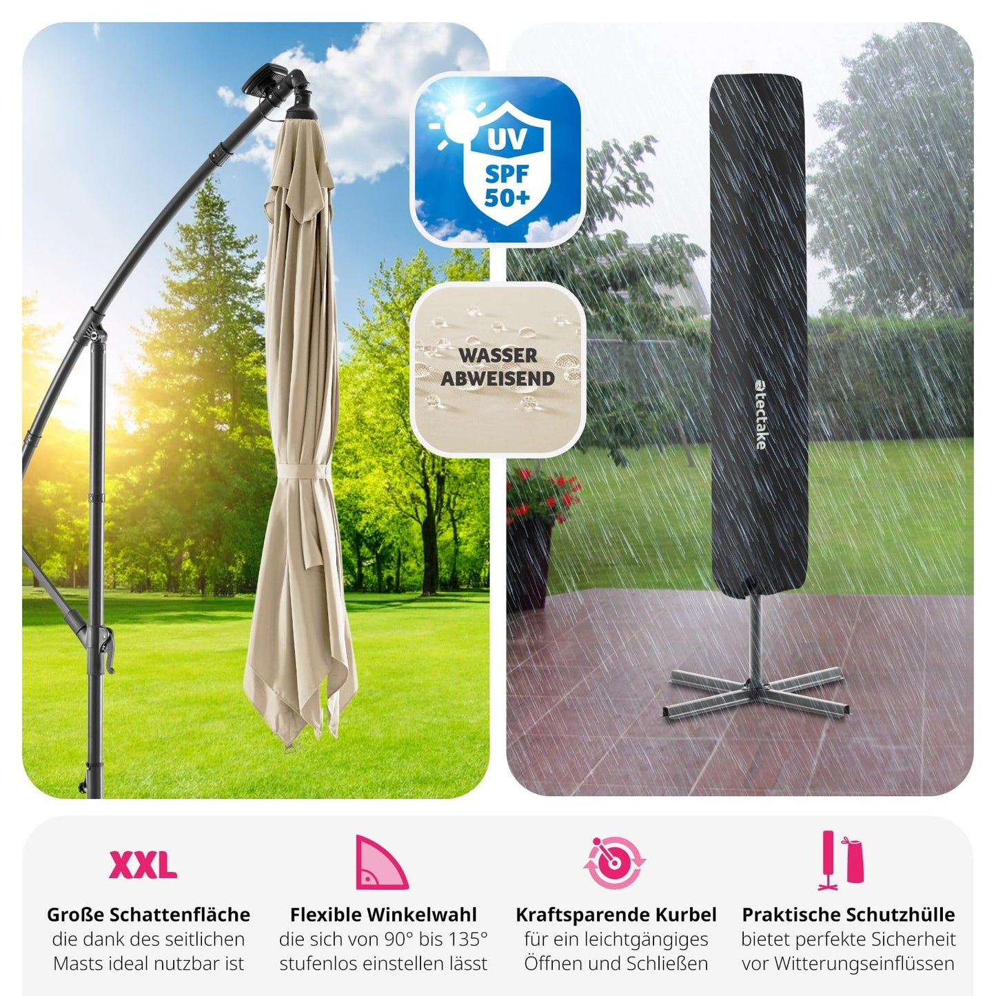 tectake® Sonnenschirm rechteckig, mit Solar LED Beleuchtung, wasserabweisend, inkl. Schutzhülle und Kurbel, Ampelschirm, Sonnenschutz Terrasse, Balkon Sonnenschirm groß, Marktschirm, Ø250cm - beige