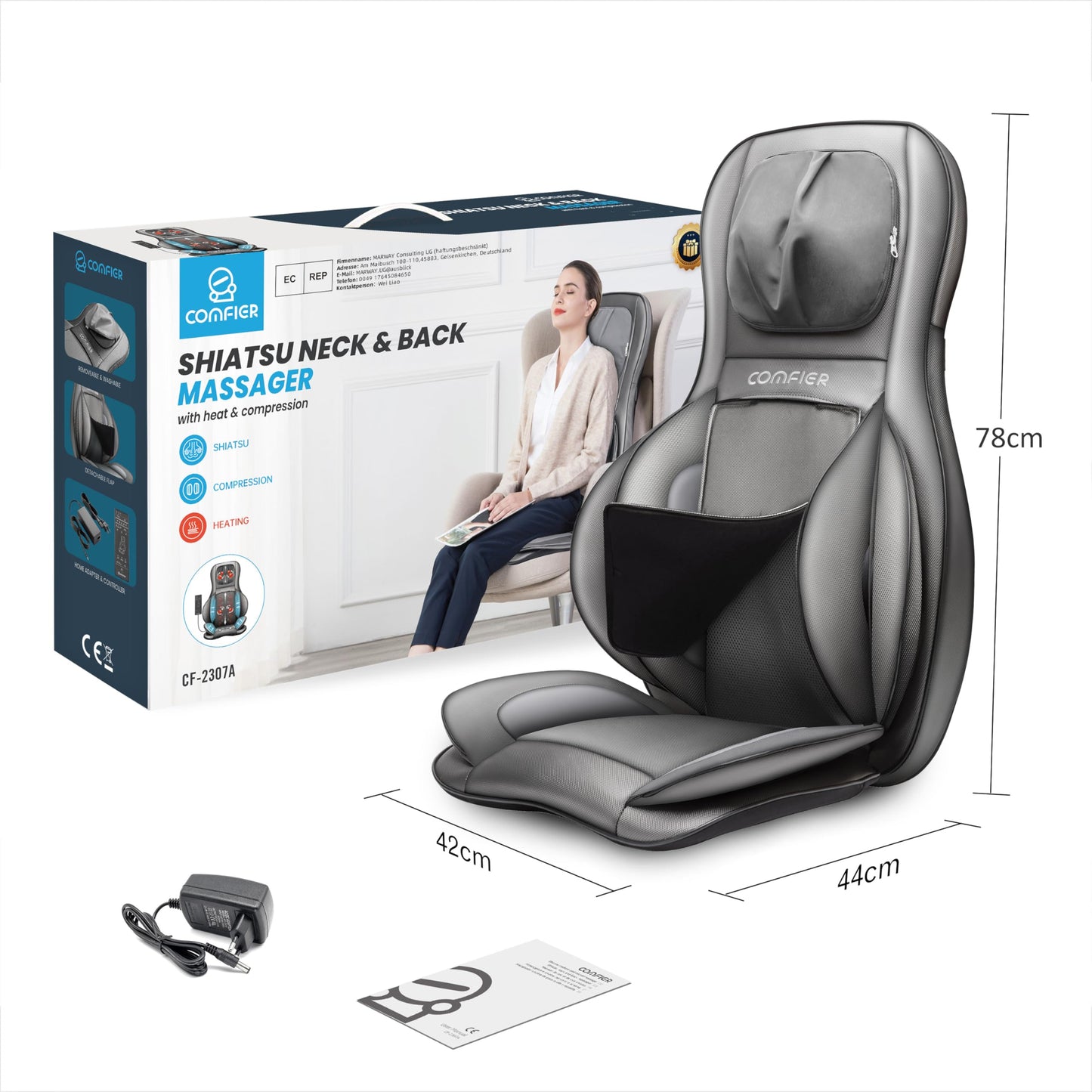 COMFIER Shiatsu Massagesitzauflage mit Knet-, Rollen-, Vibrations- und Luftkompressionsmassage, Massageauflage mit Wärmefunktion, für Nacken-, Schultern-, Rücken- und Oberschenkel