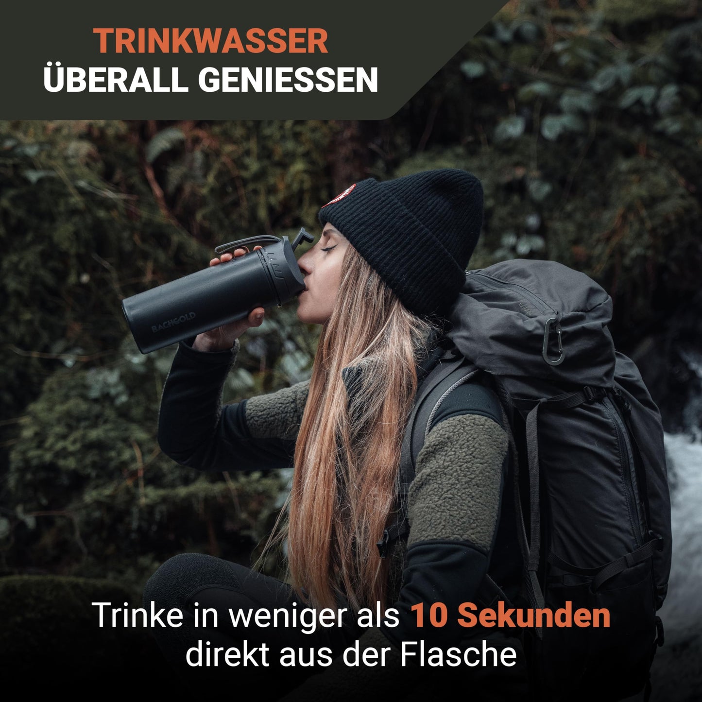 Bachgold Profi Outdoor Wasserfilter Flasche mit 1500L Filterkapazität I entfernt 99,99% aller Bakterien und filtert Viren, Partikel und Schwermetalle I Schwarz