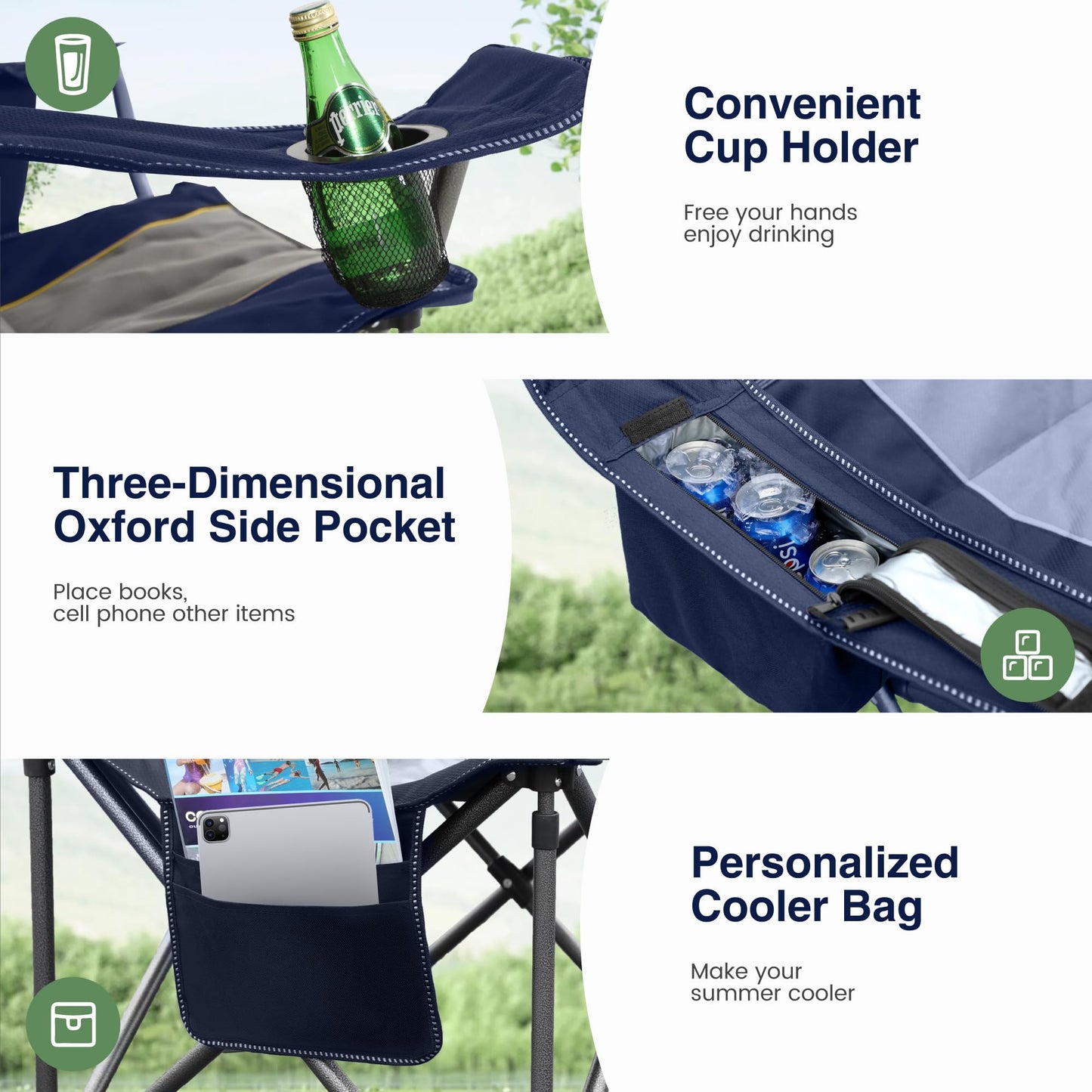 HIGH POINT SPORTS Campingstuhl Faltbar bis 200kg Klappstuhl Gepolstert mit Getränkehaltern Angelstuhl mit Armlehnen Outdoorstuhl, Blau