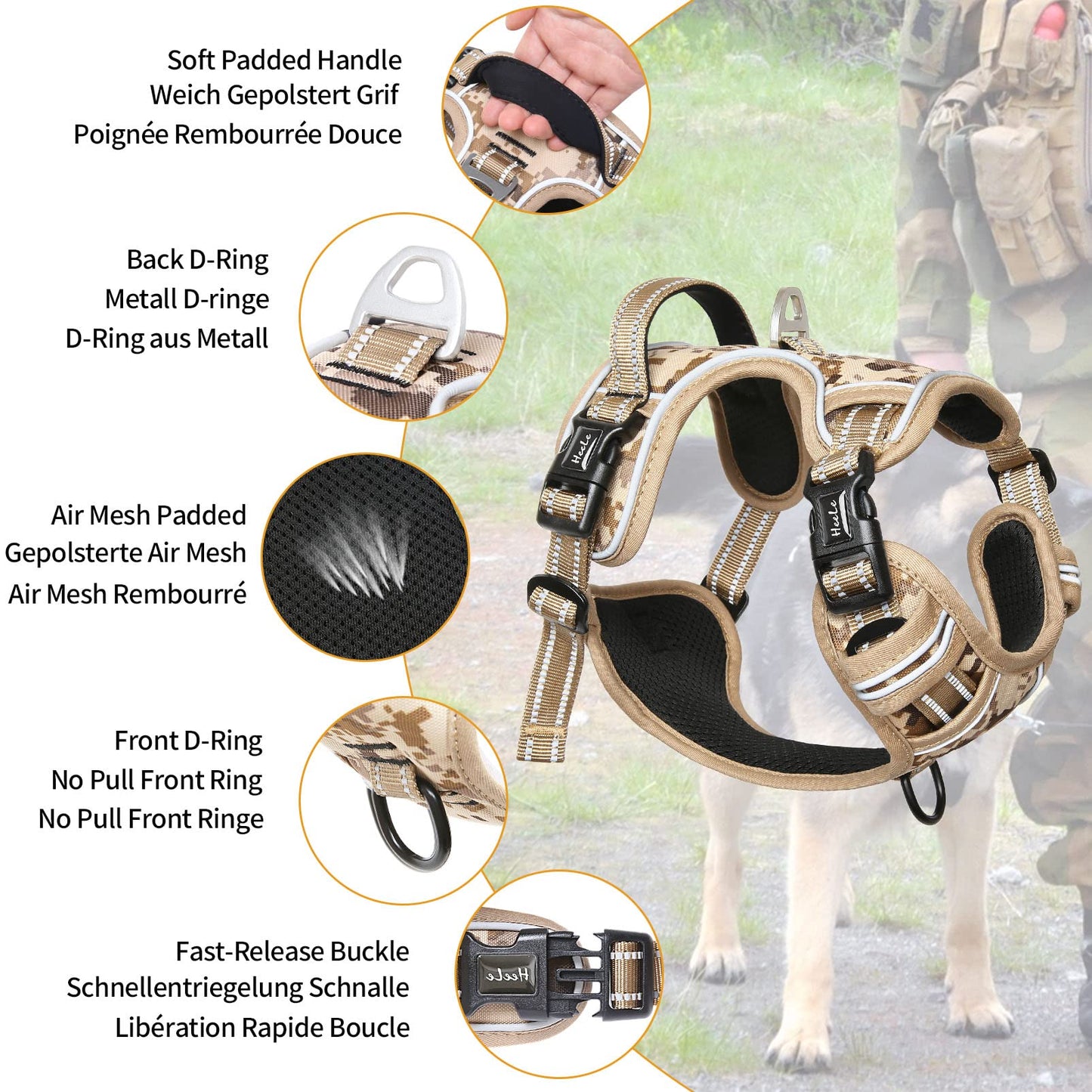 HEELE Hundegeschirr, Hundegeschirr für Grosse Hunde, Freigabe am Hals, Vorderseite Rückseite Clips Hundegeschirr Einstellbar Reflektierend Anti Zug Hundegeschirr mit Gepolstert Grifff, Tarn-Wüste, L