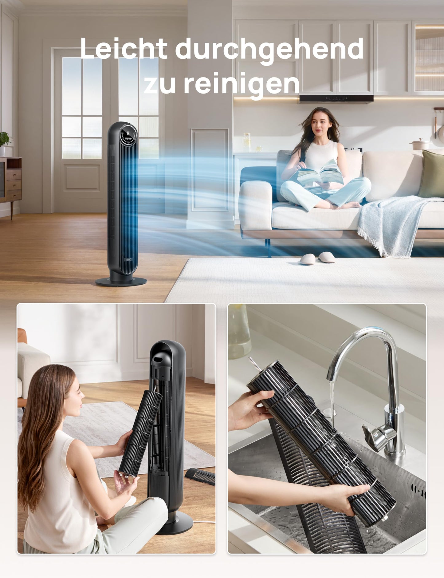 Dreo 20dB Leiser Turmventilator, 10 m Wurfweite 4 Geschwindigstufen 4 Modi 8 Std. Timer 90° oszillierende Ventilator mit Kühlung Fernbedienung für Schlafzimmer, Nomad One, Schwarz