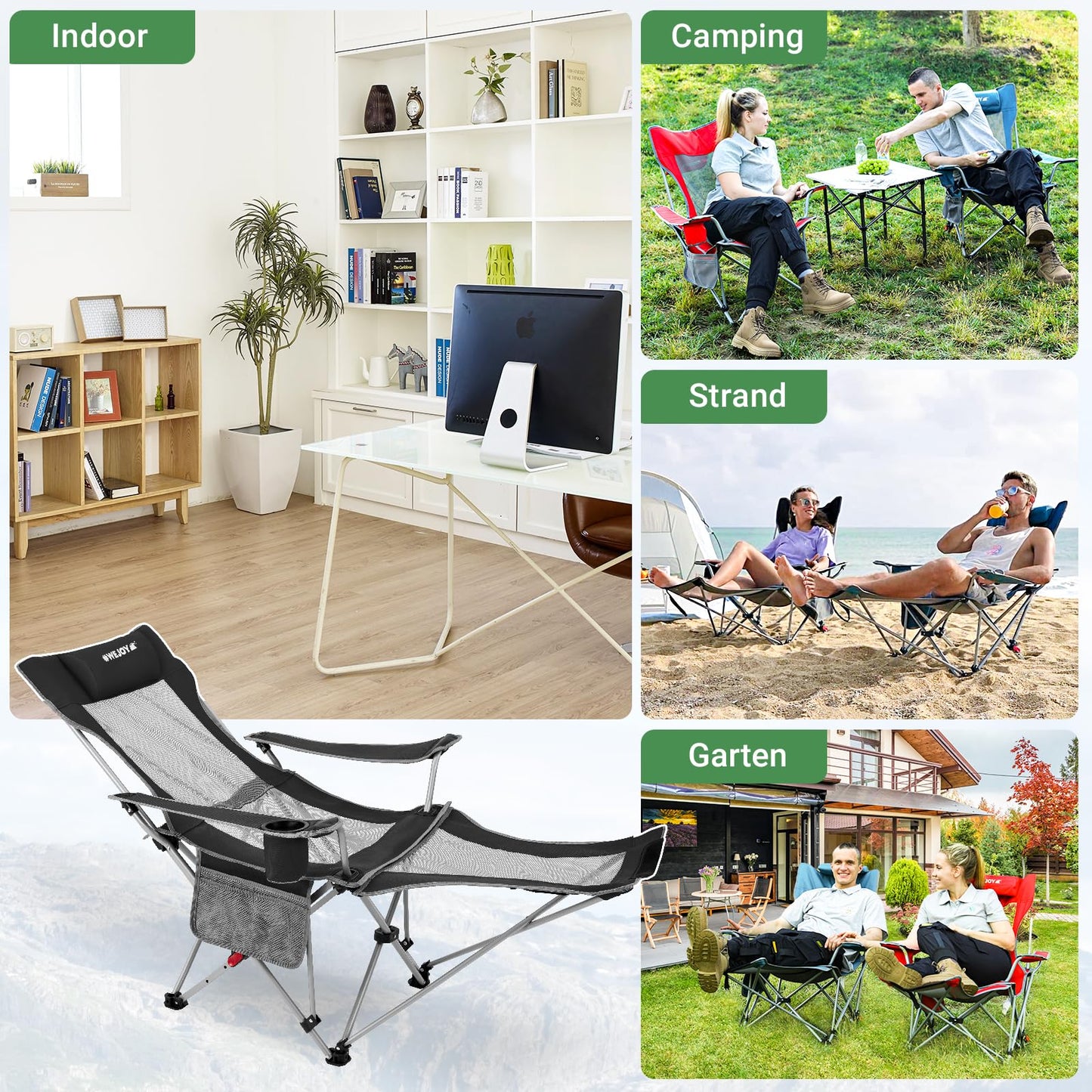 #WEJOY 2-in-1 Campingstuhl Faltbar mit Verstellbarer Rückenlehne & Fußstütze Campingstuhl Outdoor, Strandstuhl liegestuhlmit Wattepad Kissen Getränkehalter Armlehnentaschen Schwarz/Grau