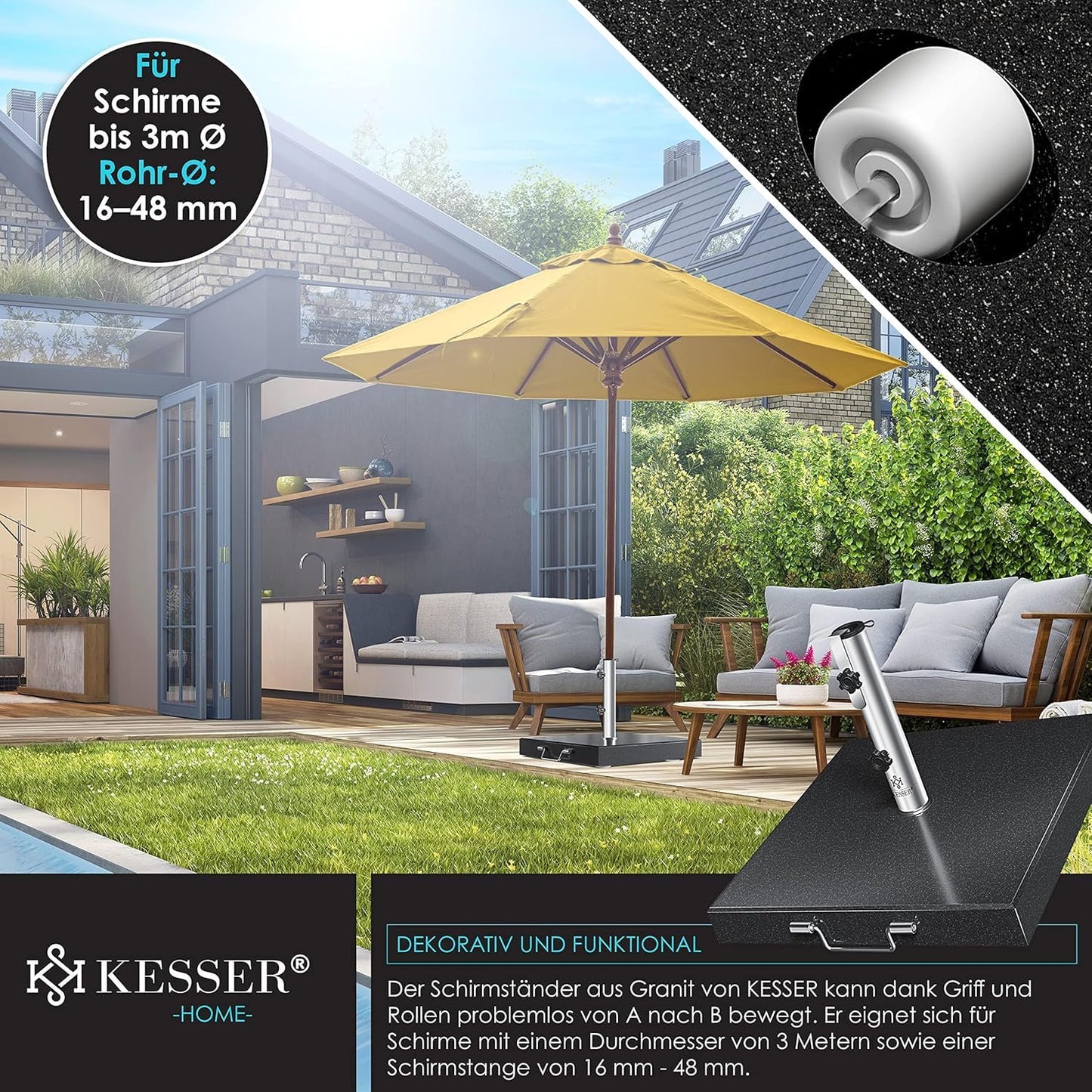 KESSER® Granit Sonnenschirmständer mit Edelstahlrohr, Hochwertiger Schirmständer Quadrat Sockel 30KG - für Schirmstöcke bis 16-48 mm, Inkl. Transport Griff Garten Balkonschirmständer, Anthrazit