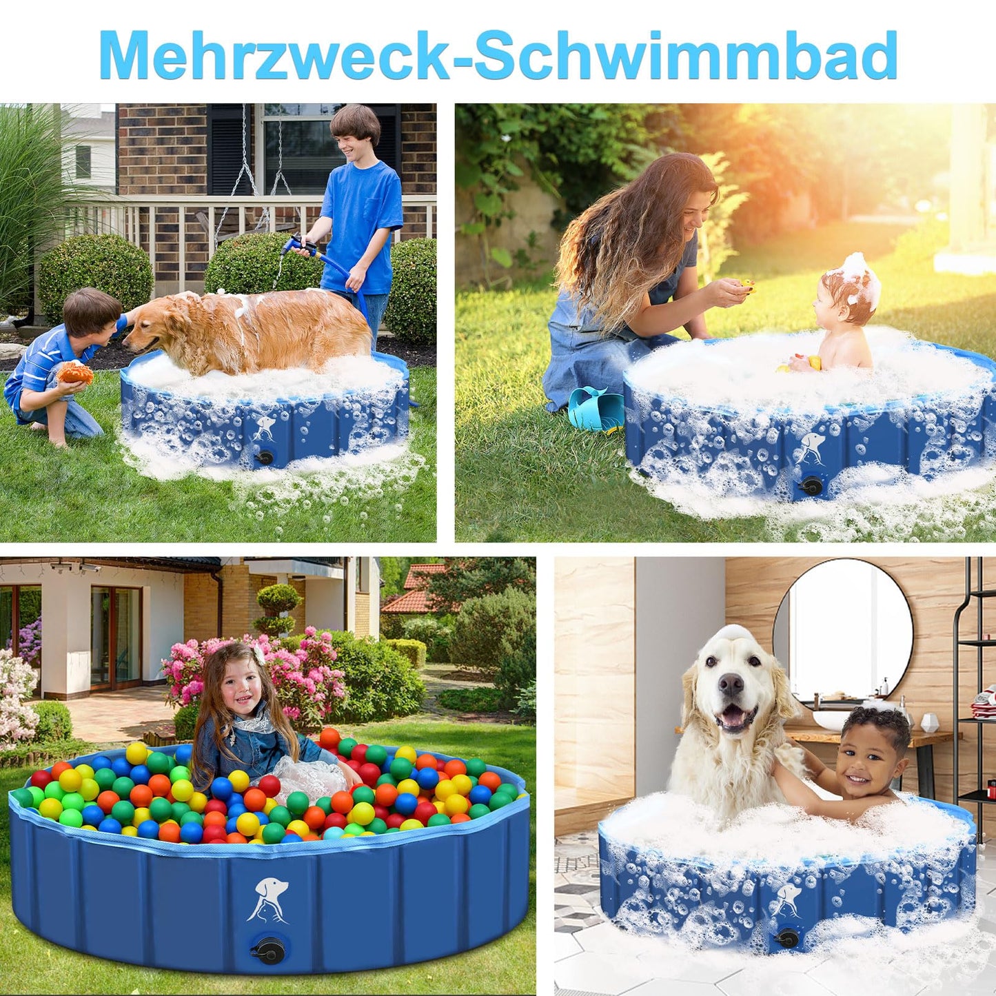 Fwiull Hundepool für Große & Kleine Hunde, Faltbarer Hunde Planschbecken 140 * 30CM Hundebadewanne Stabiler Swimmingpool Haustier Kind Schwimmbecken rutschfest Tragbar Blau