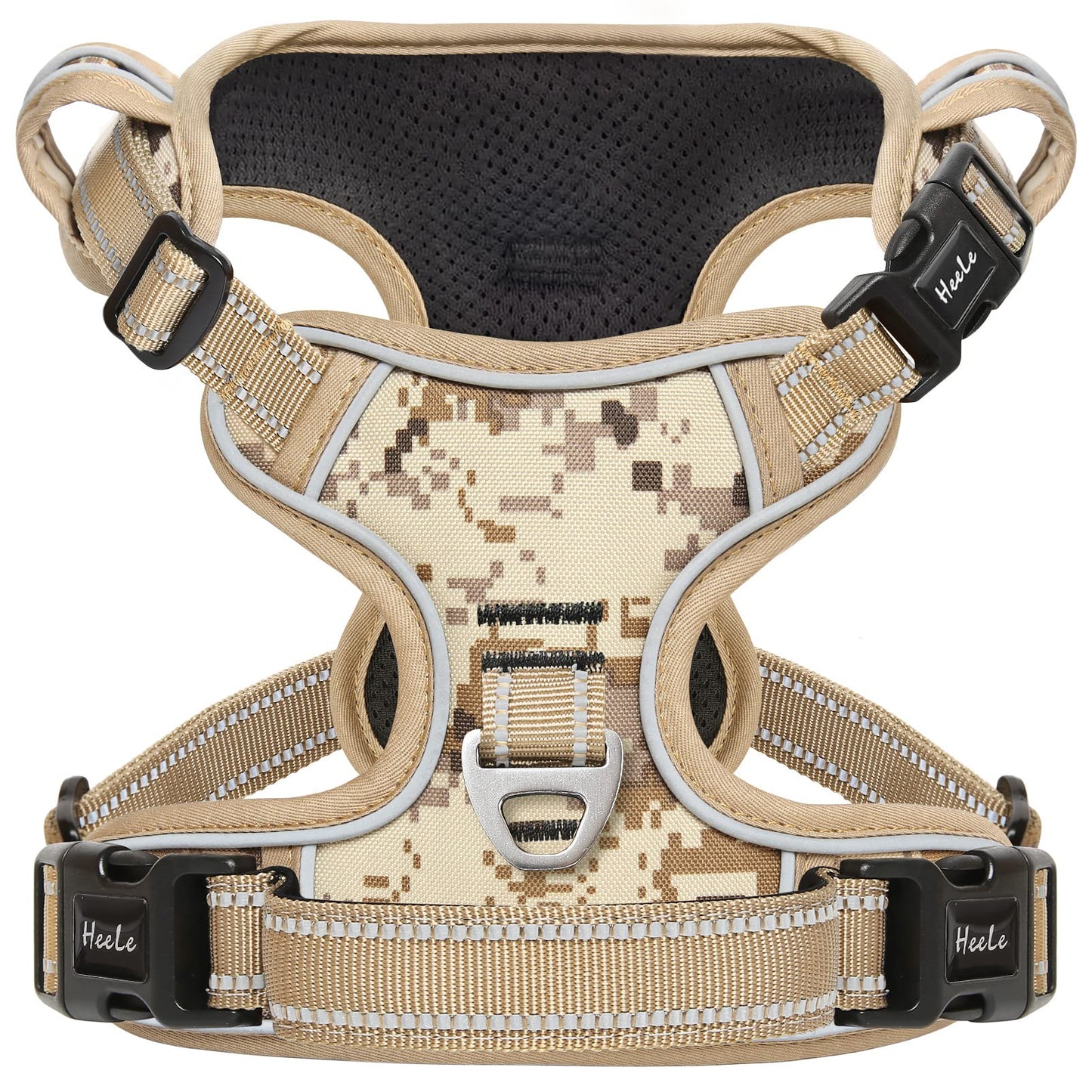 HEELE Hundegeschirr, Hundegeschirr für Grosse Hunde, Freigabe am Hals, Vorderseite Rückseite Clips Hundegeschirr Einstellbar Reflektierend Anti Zug Hundegeschirr mit Gepolstert Grifff, Tarn-Wüste, L