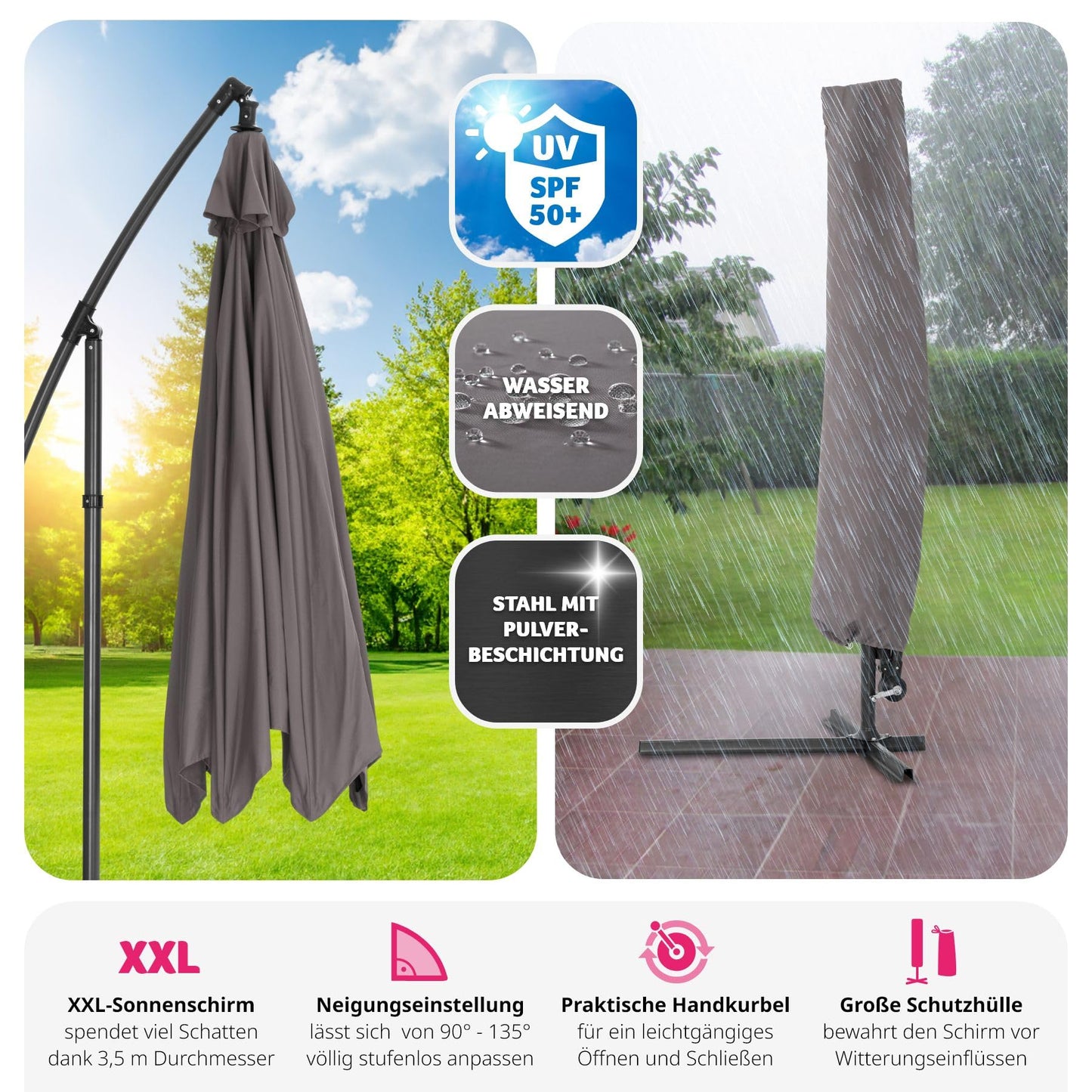 tectake Sonnenschirm mit Ständer, Ø 350 cm, Sonnenschutz für Balkon, Garten und Terrasse inkl. Schutzhülle, Ampelschirm groß mit Kurbel-Seilsystem, Schirm mit stabilem Gestell - grau