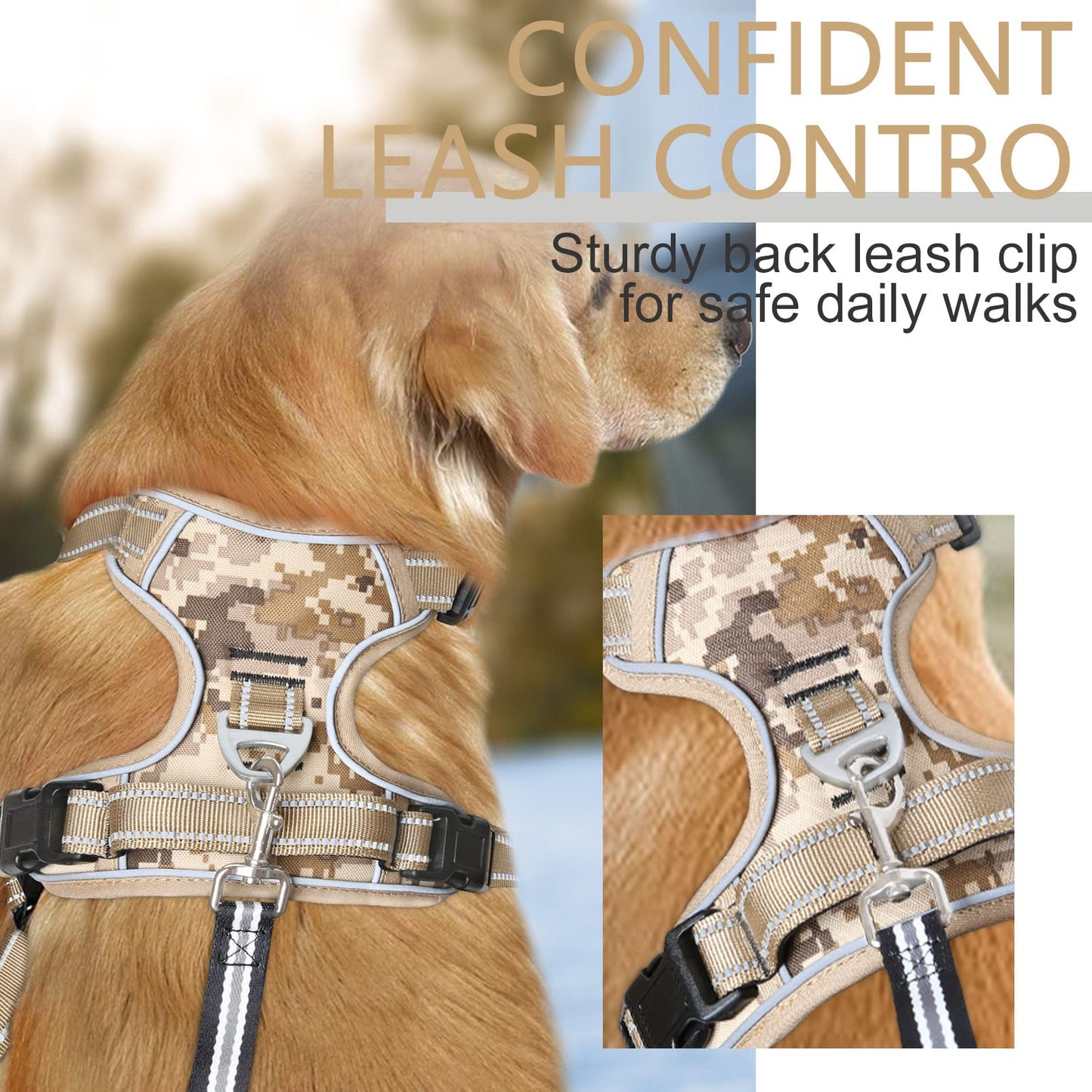 HEELE Hundegeschirr, Hundegeschirr für Grosse Hunde, Freigabe am Hals, Vorderseite Rückseite Clips Hundegeschirr Einstellbar Reflektierend Anti Zug Hundegeschirr mit Gepolstert Grifff, Tarn-Wüste, L