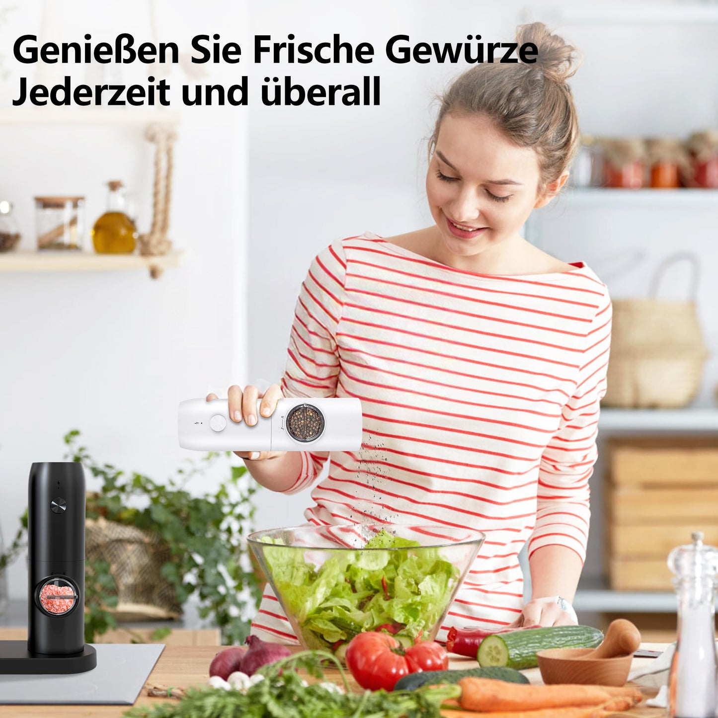 BGFOX Salz und Pfeffer Mühle Elektrisch 2er Set mit einstellbarem Keramik-Mahlwerk von grob bis fein, Gewürzmühlenset Automatisch mit Basis LED-Licht Type-c Reinigungspinsel (2 Stück) (Schwarz-Weiß)