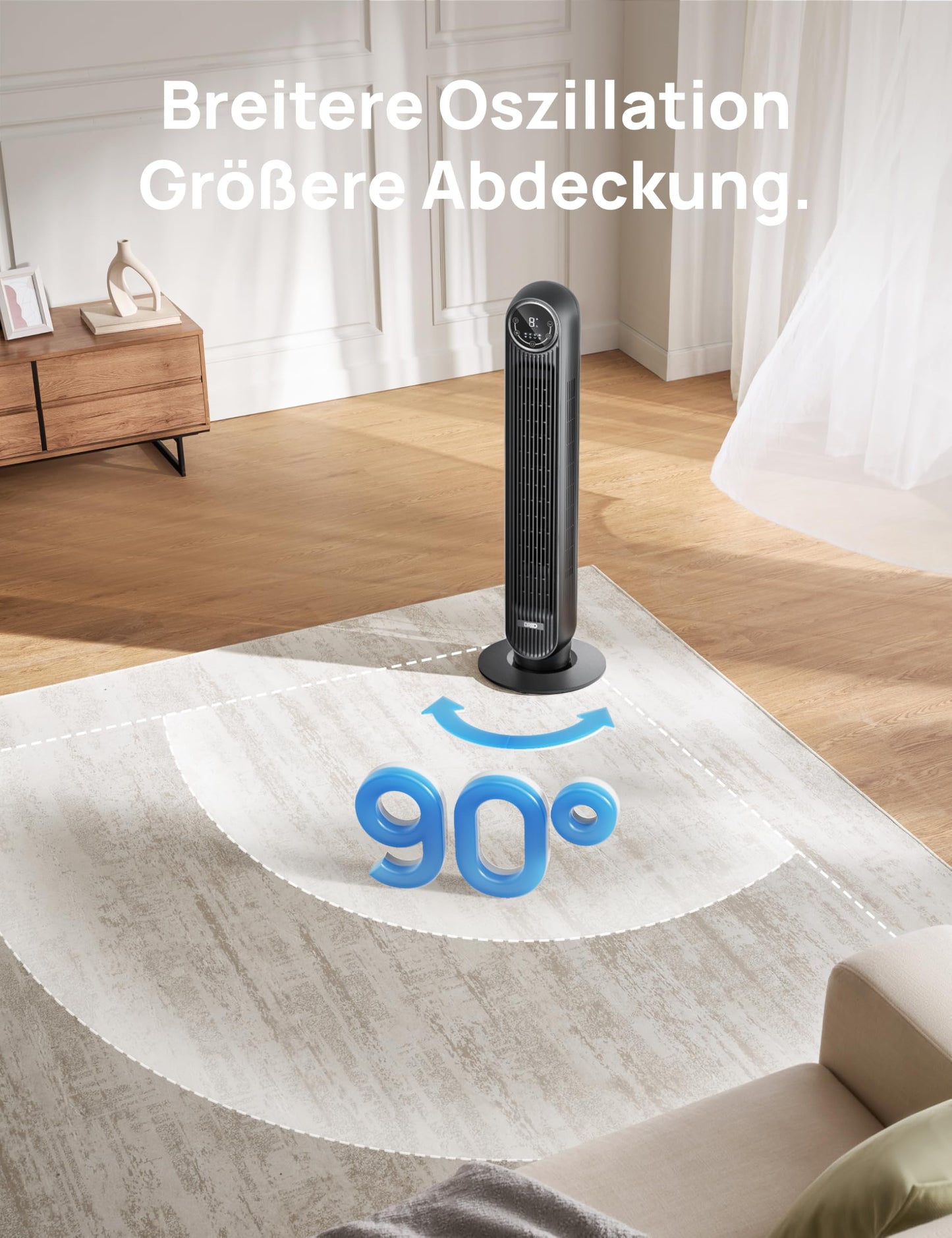 Dreo 20dB Leiser Turmventilator, 10 m Wurfweite 4 Geschwindigstufen 4 Modi 8 Std. Timer 90° oszillierende Ventilator mit Kühlung Fernbedienung für Schlafzimmer, Nomad One, Schwarz