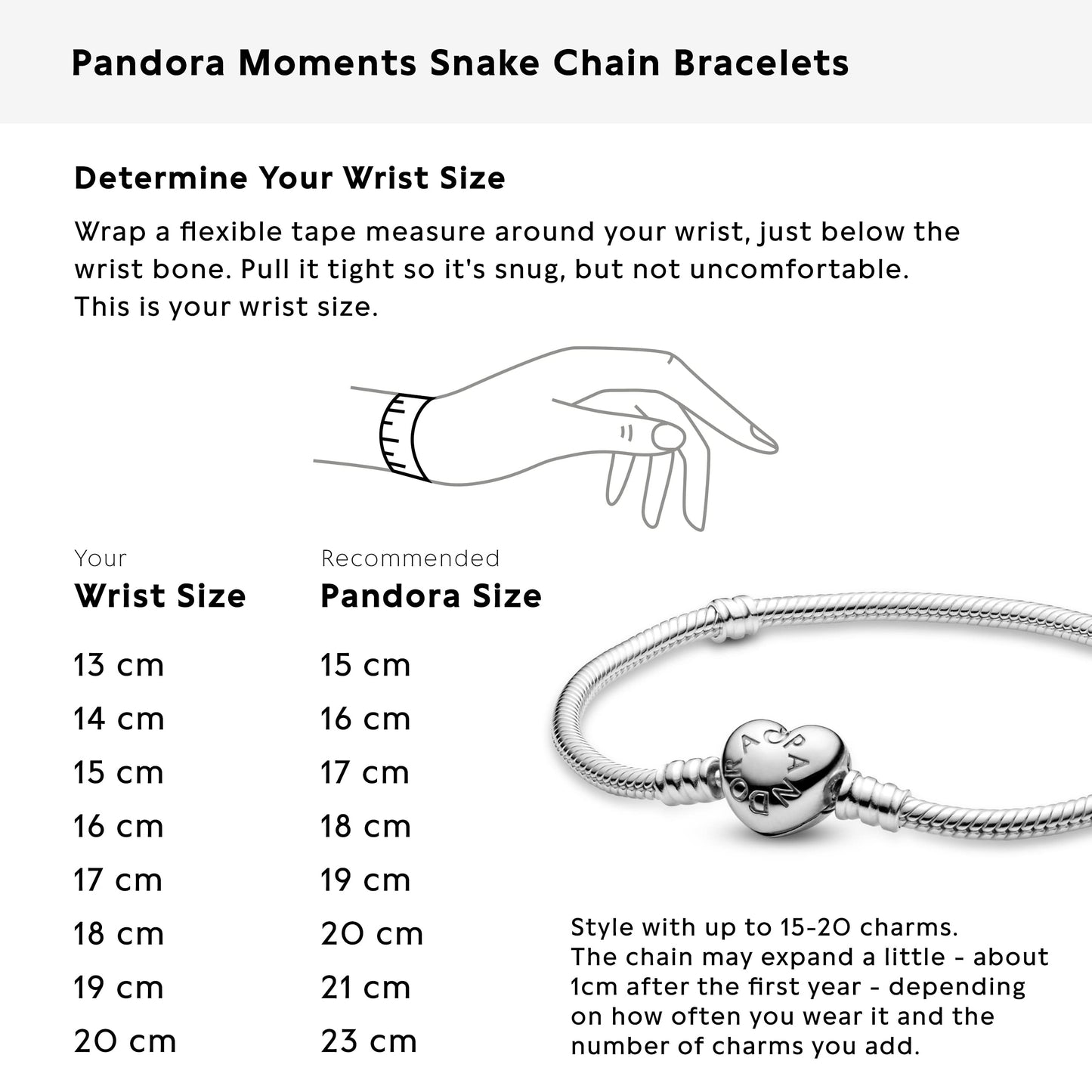 PANDORA Moments Schlangen-Gliederarmband mit Herz-Verschluss aus Sterling-Silber, kompatibel mit Charms und Anhängern aus der Moments Kollektion, Größe: 19cm
