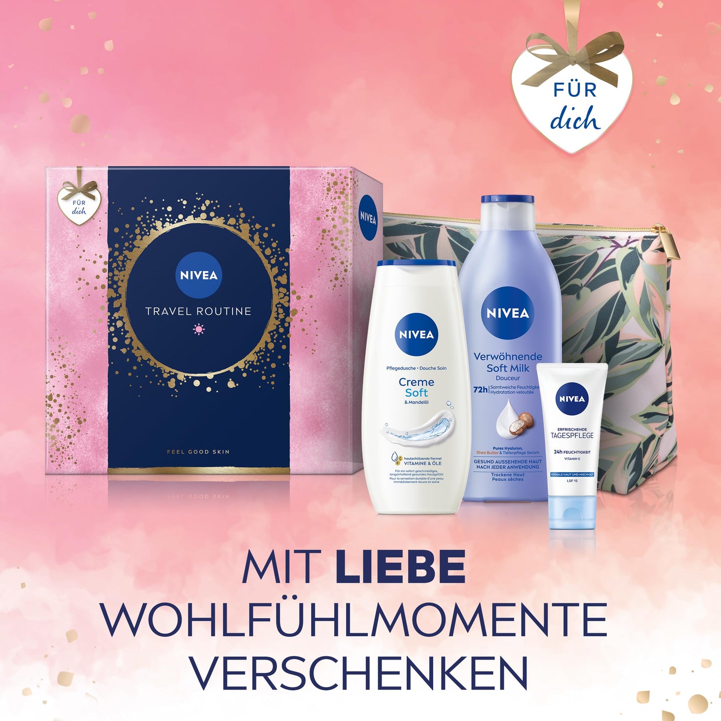 NIVEA Travel Routine Geschenkset, verwöhnendes Pflegeset mit NIVEA Pflege-Favoriten, Geschenkbox mit Pflegedusche, Body Lotion, Gesichtscreme und Kulturbeutel