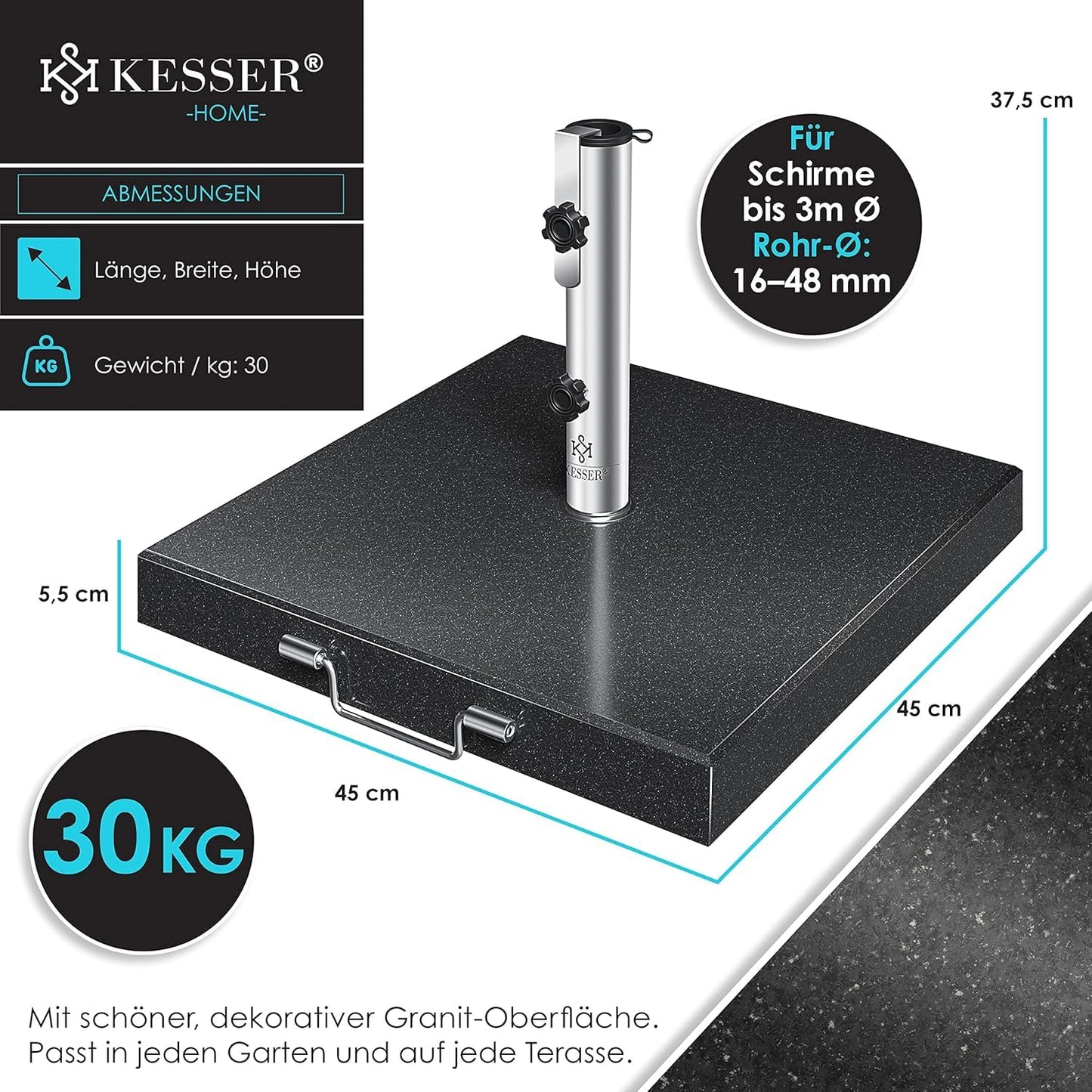 KESSER® Granit Sonnenschirmständer mit Edelstahlrohr, Hochwertiger Schirmständer Quadrat Sockel 30KG - für Schirmstöcke bis 16-48 mm, Inkl. Transport Griff Garten Balkonschirmständer, Anthrazit