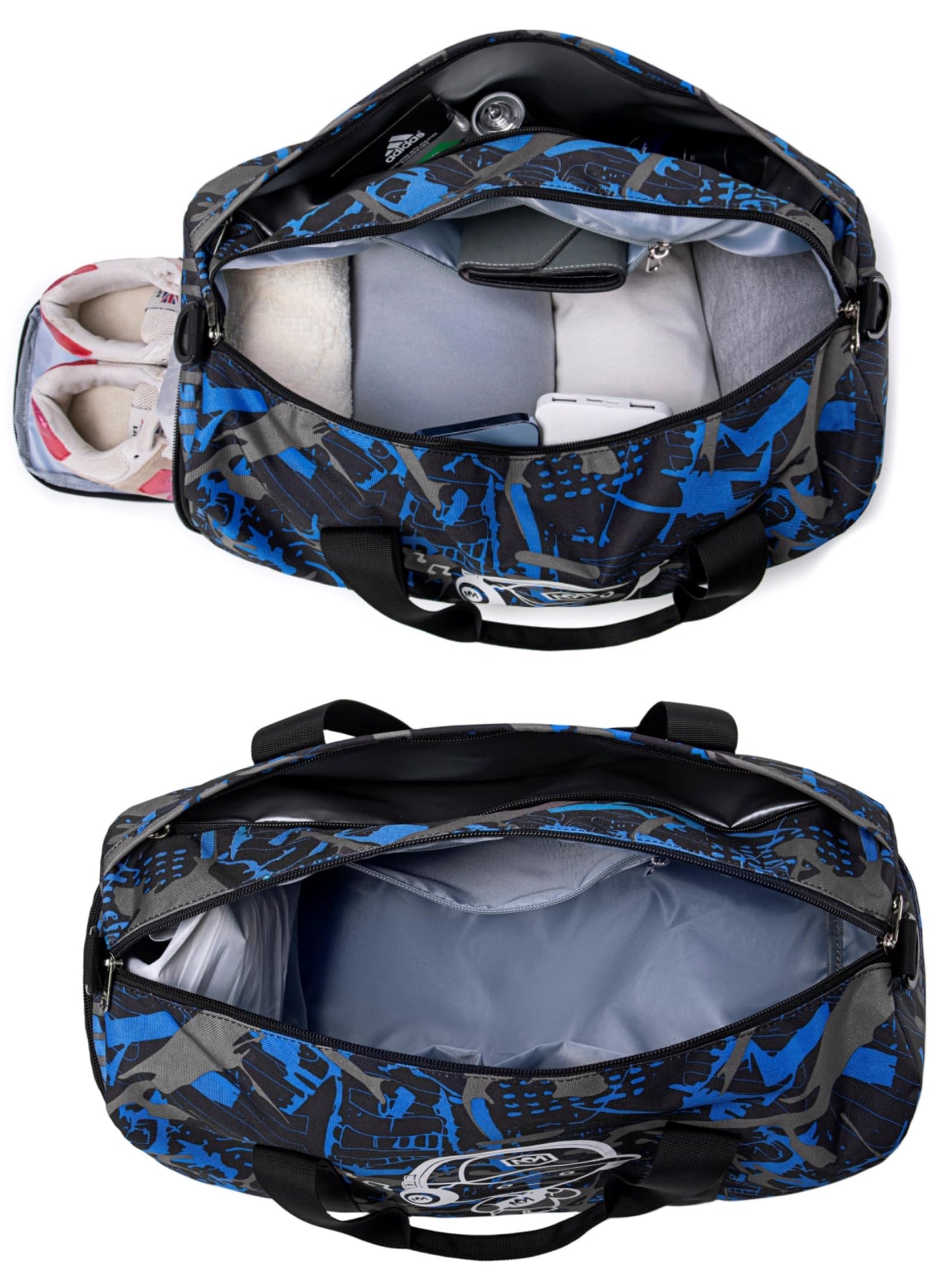 Sporttasche Kinder Schwimmtasche Jungen Damen mit Schuhfach und Nassfach Badetasche Teenager Kleine Reisetasche Fitnesstasche (Prinz Graffiti Blau)