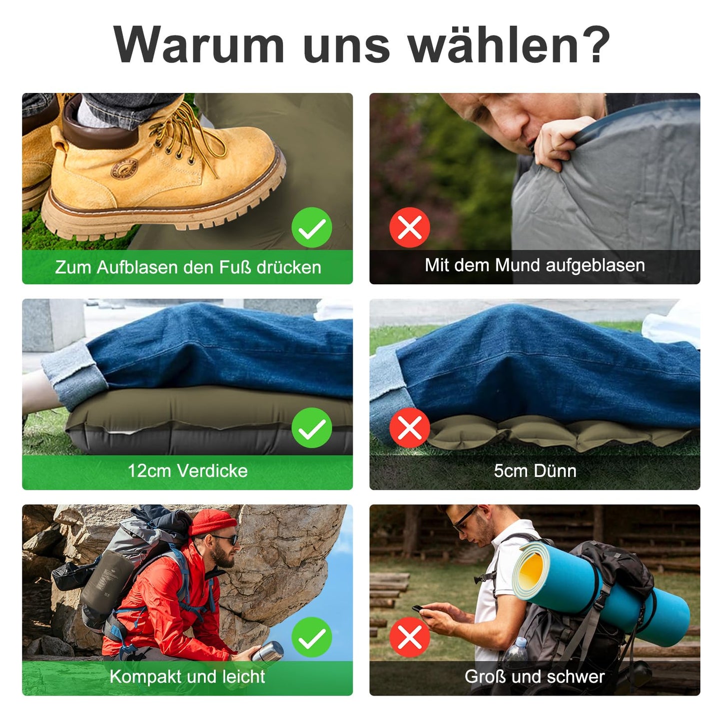 NIKYPJ Isomatte Selbstaufblasend【Benötigt Fußinflation】, 12cm Luftmatratze Camping, Aufblasbare Isomatte Ultraleicht Wasserfest mit Kissen für Wandern, Draussen, Camping, Reisen