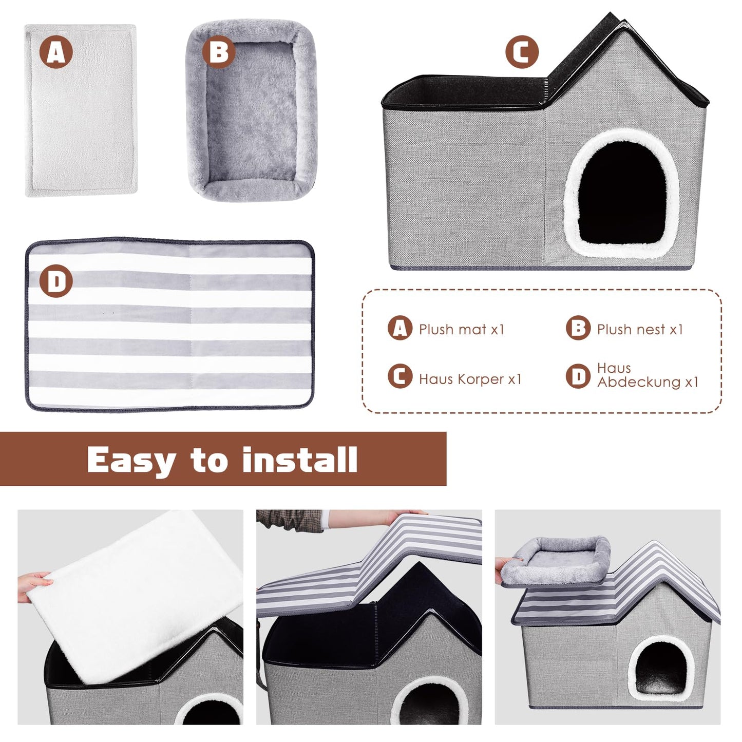 HEVOL Katzenhaus, Katzenhöhle Outdoor, Warm Hundehöhle, Abnehmbar Hundehütte mit Waschbarem Kissen und Plattform, Katzenhöhle für Draußen, Katzenhaus Höhle für Kleine und Mittlere Haustiere