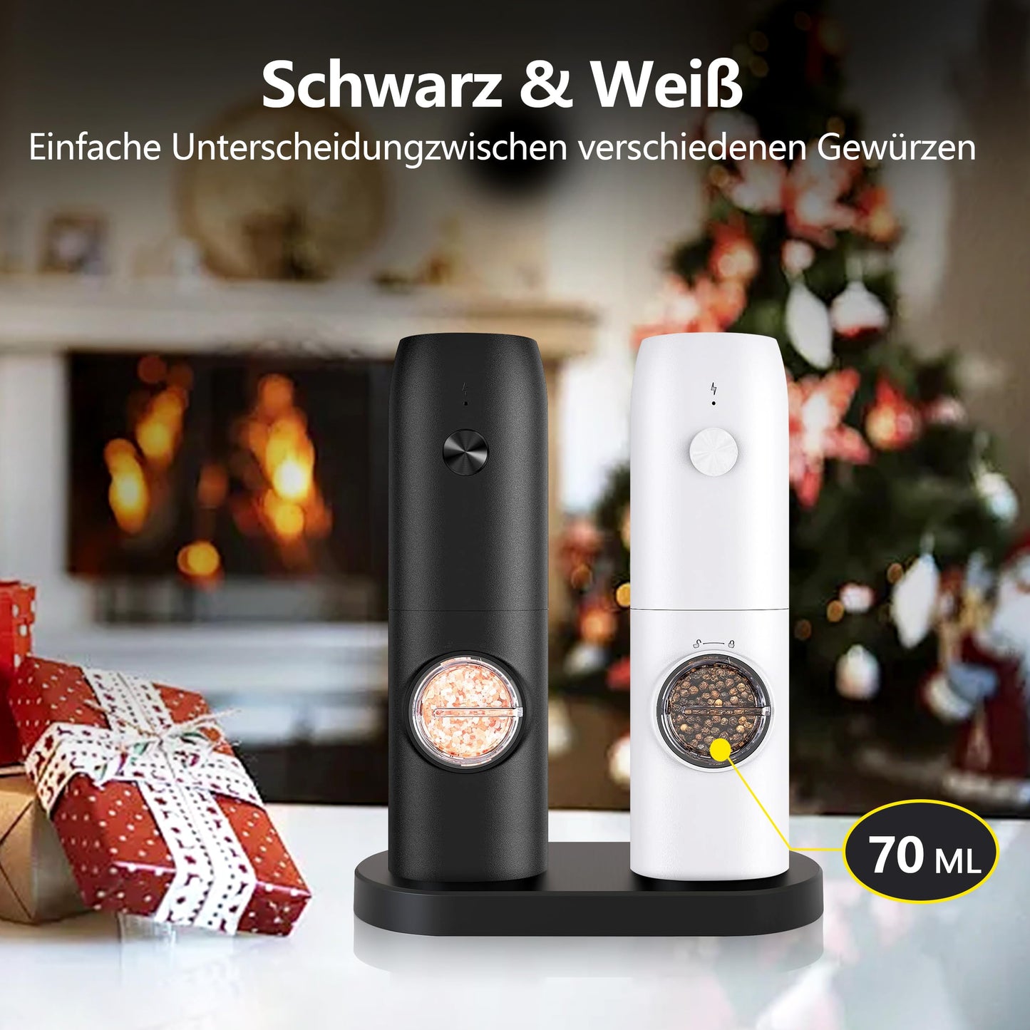 BGFOX Salz und Pfeffer Mühle Elektrisch 2er Set mit einstellbarem Keramik-Mahlwerk von grob bis fein, Gewürzmühlenset Automatisch mit Basis LED-Licht Type-c Reinigungspinsel (2 Stück) (Schwarz-Weiß)