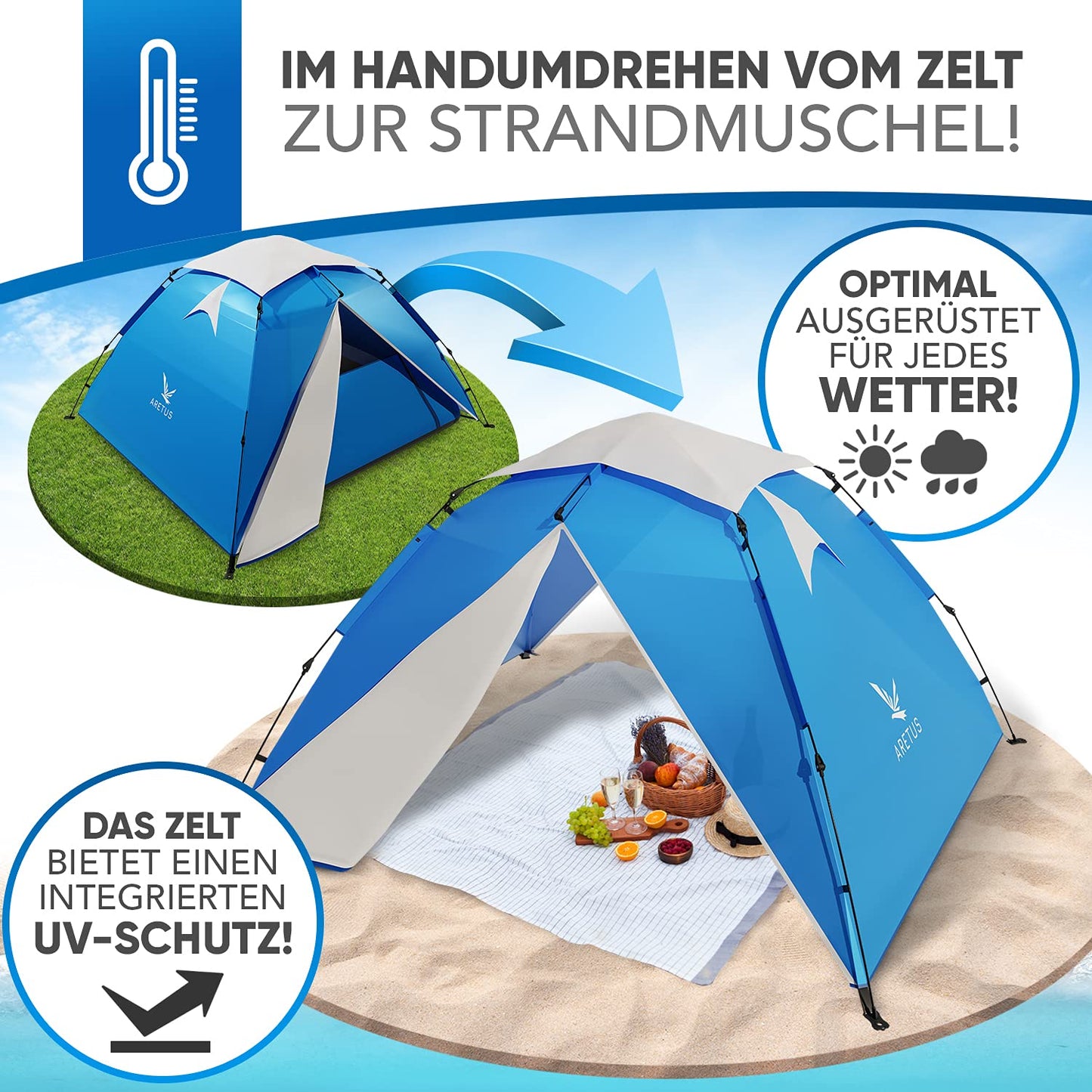 Aretus - Wurfzelt 2-4 Personen AUF-ABBAU IN 45 Sekunden -Extra Groß & Wasserdicht- Pop up Zelt 3 Person automatik Wurfzelt 3 Personen Mann zelte
