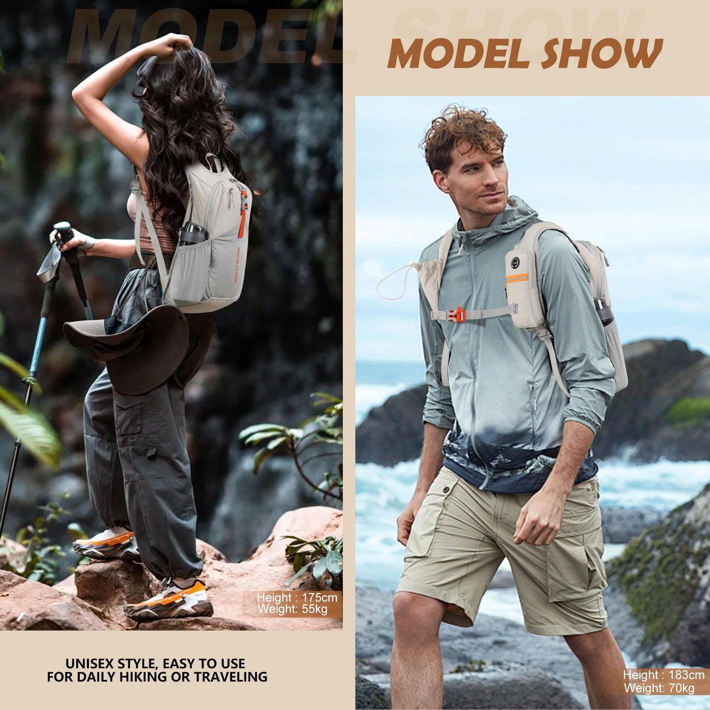 BECOJADDE 15L Wanderrucksack Herren Kleiner Rucksack Damen Leichter Daypack Tagesrucksack Faltbarer Trekkingrucksack für Camping Outdoor Wandern Travel Beige