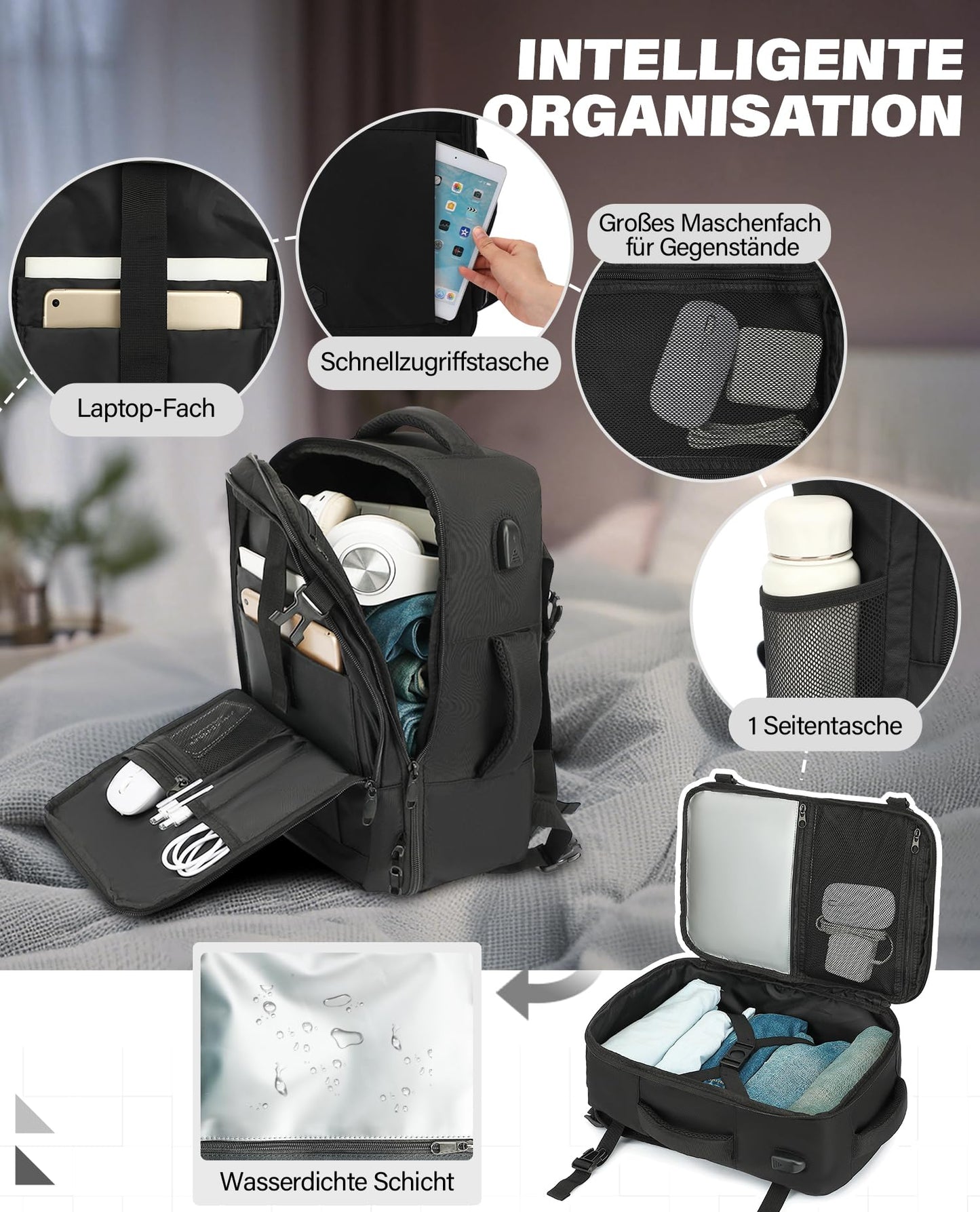 VANKEV für Ryanair Handgepäck 40x20x25 Laptop Rucksack Reiserucksack Klein Handgepäck Tasche Rucksack 14 Zoll Laptop Backpack für Herren Damen Schwarz