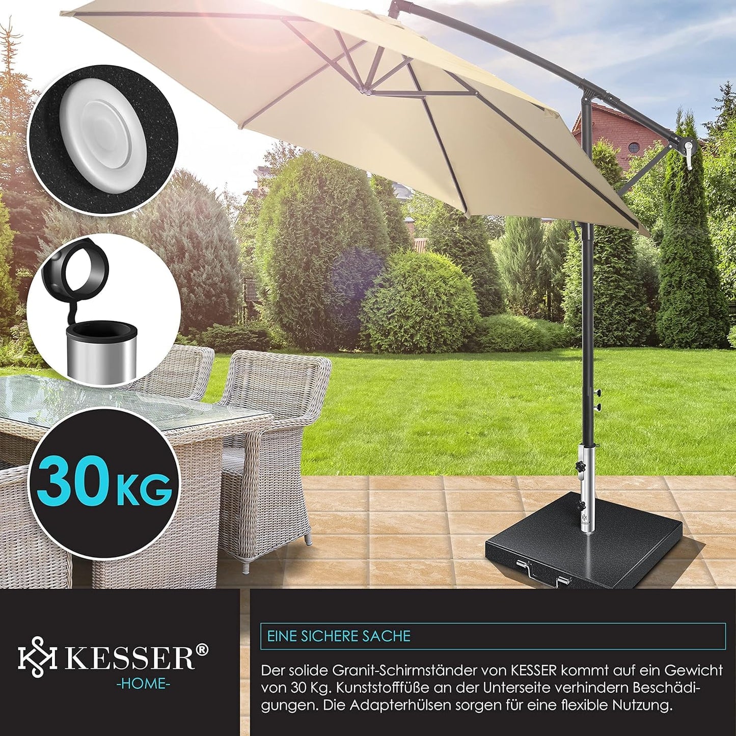 KESSER® Granit Sonnenschirmständer mit Edelstahlrohr, Hochwertiger Schirmständer Quadrat Sockel 30KG - für Schirmstöcke bis 16-48 mm, Inkl. Transport Griff Garten Balkonschirmständer, Anthrazit