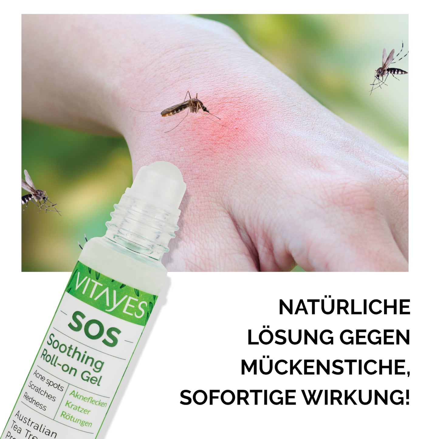 Vitayes SOS BIO Teebaumöl Roller, Ätherisches Öl gegen Pickel, Akne, Hautentzündungen, beruhigender Roll-on Stift, Pickel, unreine Haut, Vegan, gegen Hautrötungen, 3x 10ml