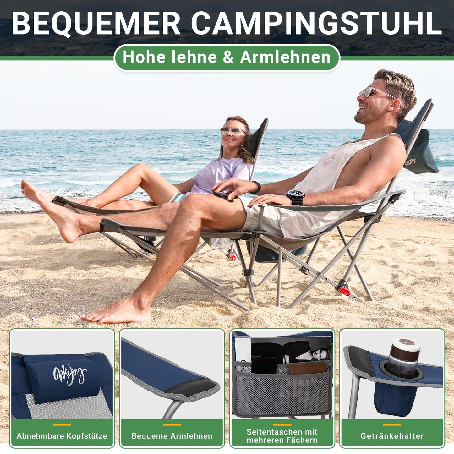 #WEJOY 2-in-1 Campingstuhl Faltbar, Strandstuhl mit Verstellbarer Rückenlehne & Fußstütze Angelstuhl Campingstühle für Erwachsene mit Wattepad Kissen Getränkehalter Armlehnentaschen Marine/Grau