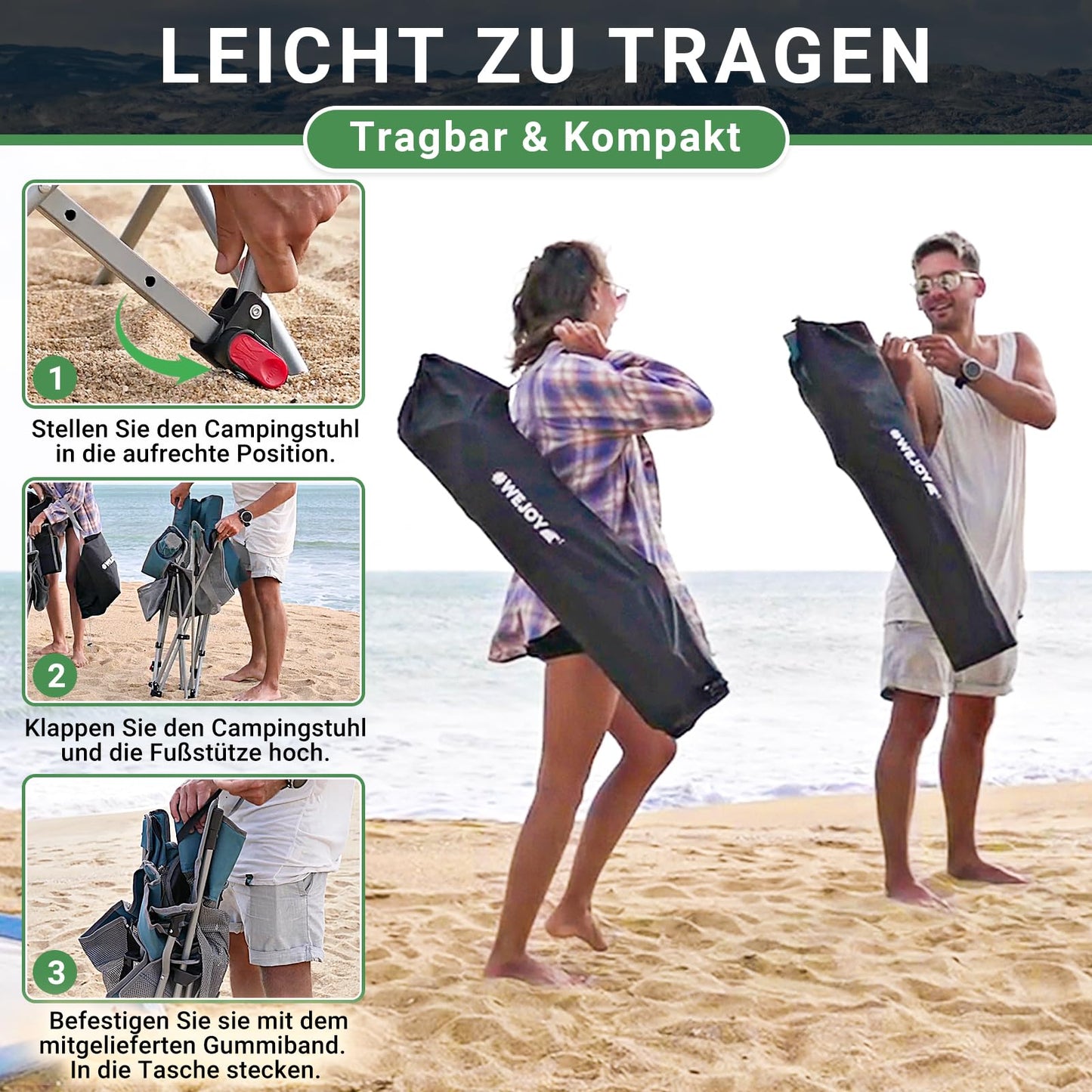 #WEJOY 2-in-1 Campingstuhl Faltbar mit Verstellbarer Rückenlehne & Fußstütze Campingstuhl Outdoor, Strandstuhl liegestuhlmit Wattepad Kissen Getränkehalter Armlehnentaschen Schwarz/Grau
