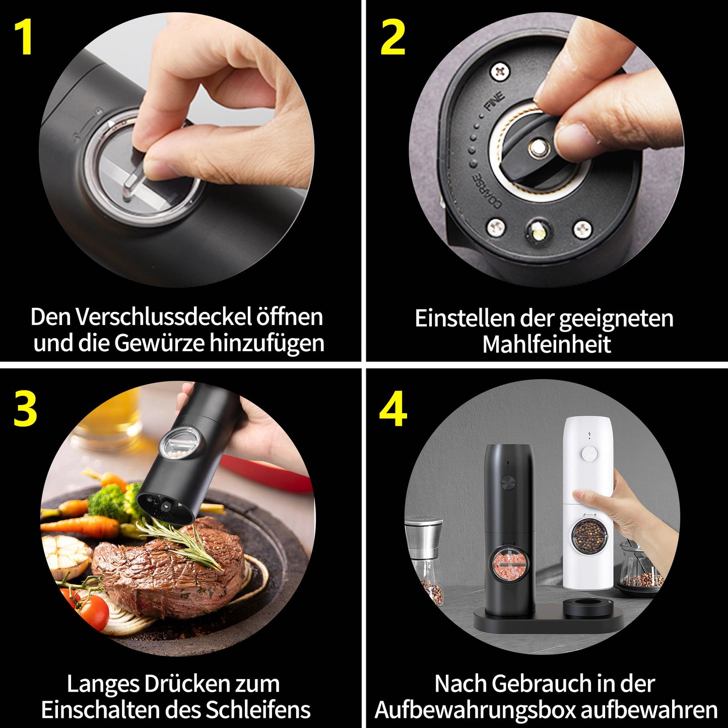 BGFOX Salz und Pfeffer Mühle Elektrisch 2er Set mit einstellbarem Keramik-Mahlwerk von grob bis fein, Gewürzmühlenset Automatisch mit Basis LED-Licht Type-c Reinigungspinsel (2 Stück) (Schwarz-Weiß)