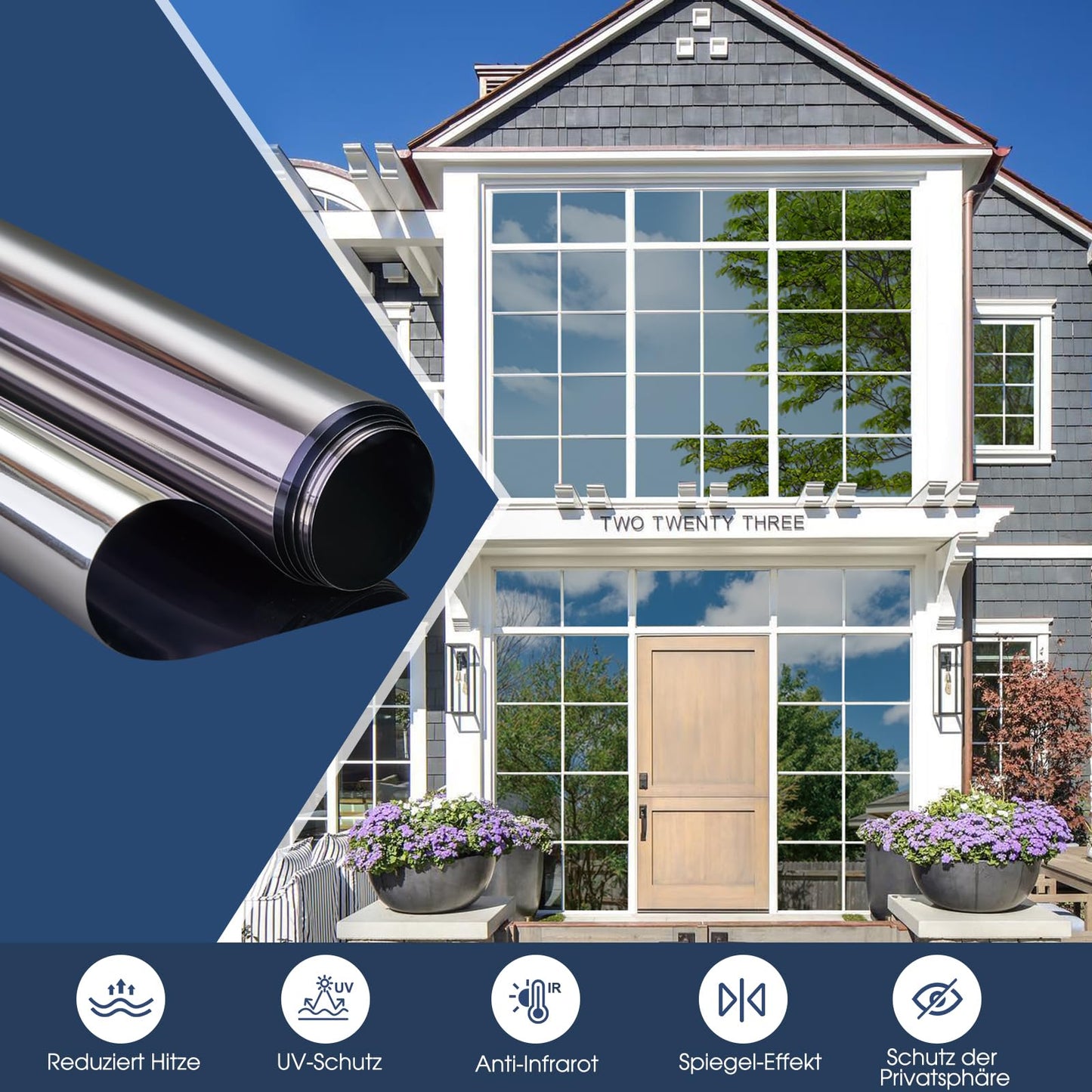 Lifetree Fensterfolie Spiegelfolie Wärmereflektion Selbstklebend Sonnenschutzfolie Wärmegrad Innen & Auße Kontrolle Anti-UV Privatsphäre Glas Fenstertönung Glatt Fensteraufkleber 75 * 300cm Silber