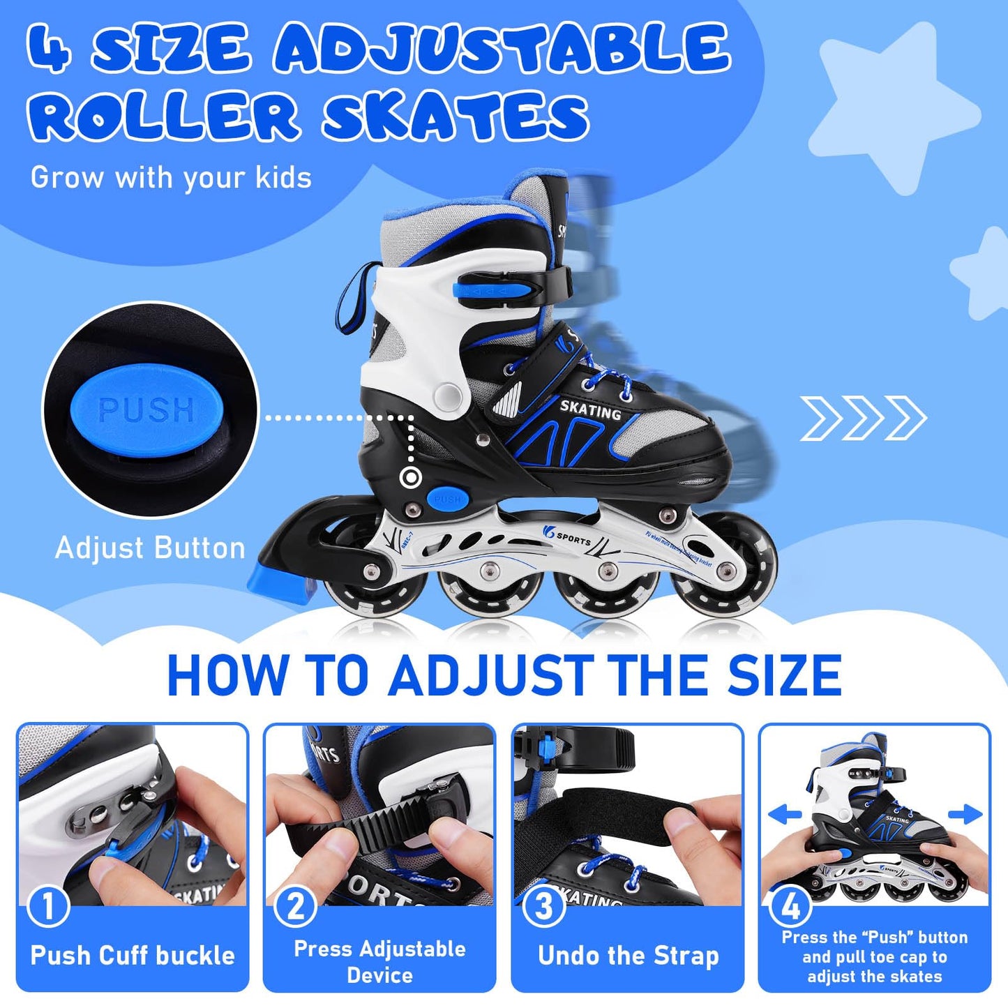 Inline Skates für Kinder Jungen Mädchen Anfänger, 4 Size verstellbare Rollschuhe mit Light Up Rollen. (S (EU28-32)) / (CN 31-34)