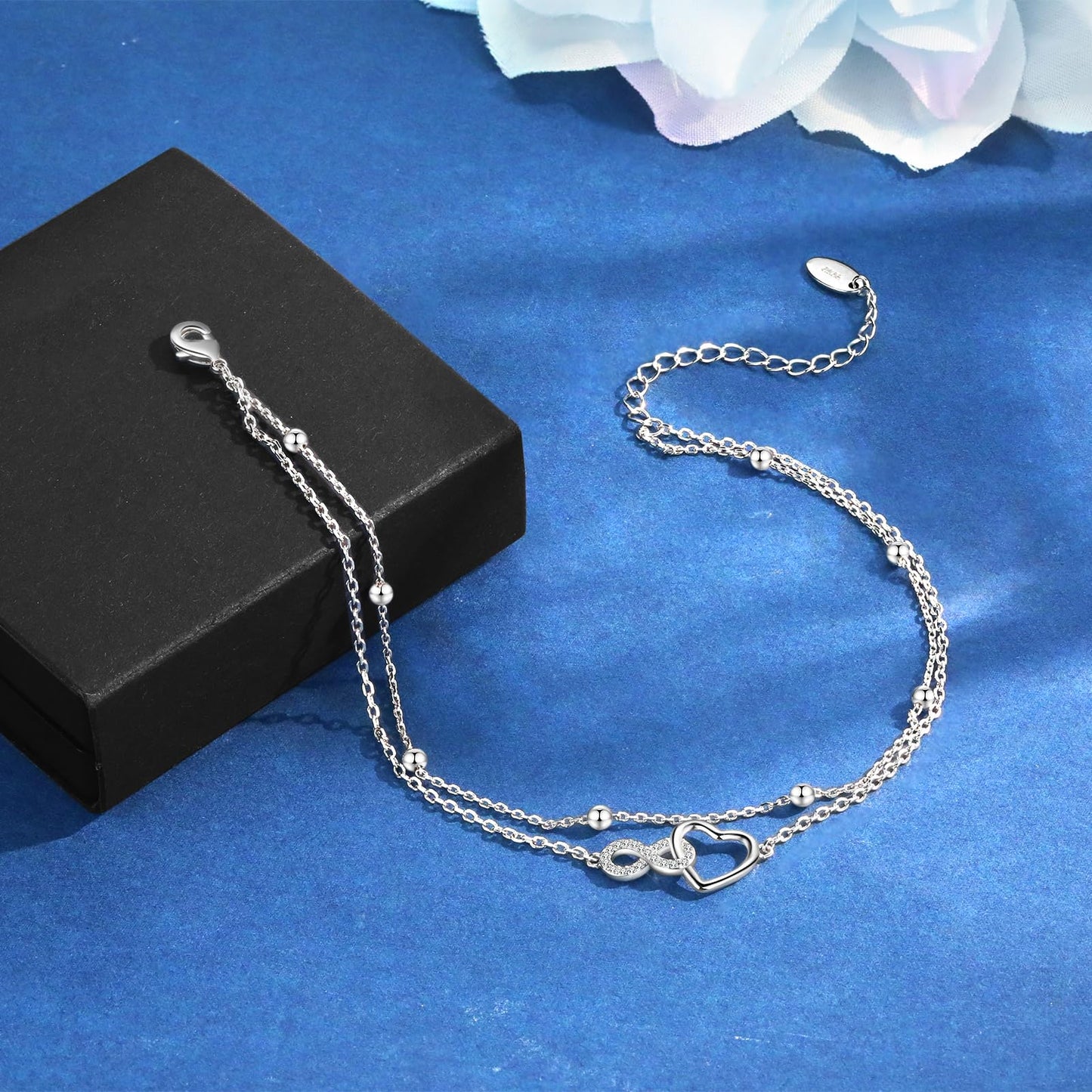 Jbniuay Fußkettchen für Damen 925 Sterling Silber - Infinity Herz Fußkette - Damen Fußkettchen - Fußkette damen Verstellbare 23+5cm - Geschenke für Frauen/damen/mama/mutter