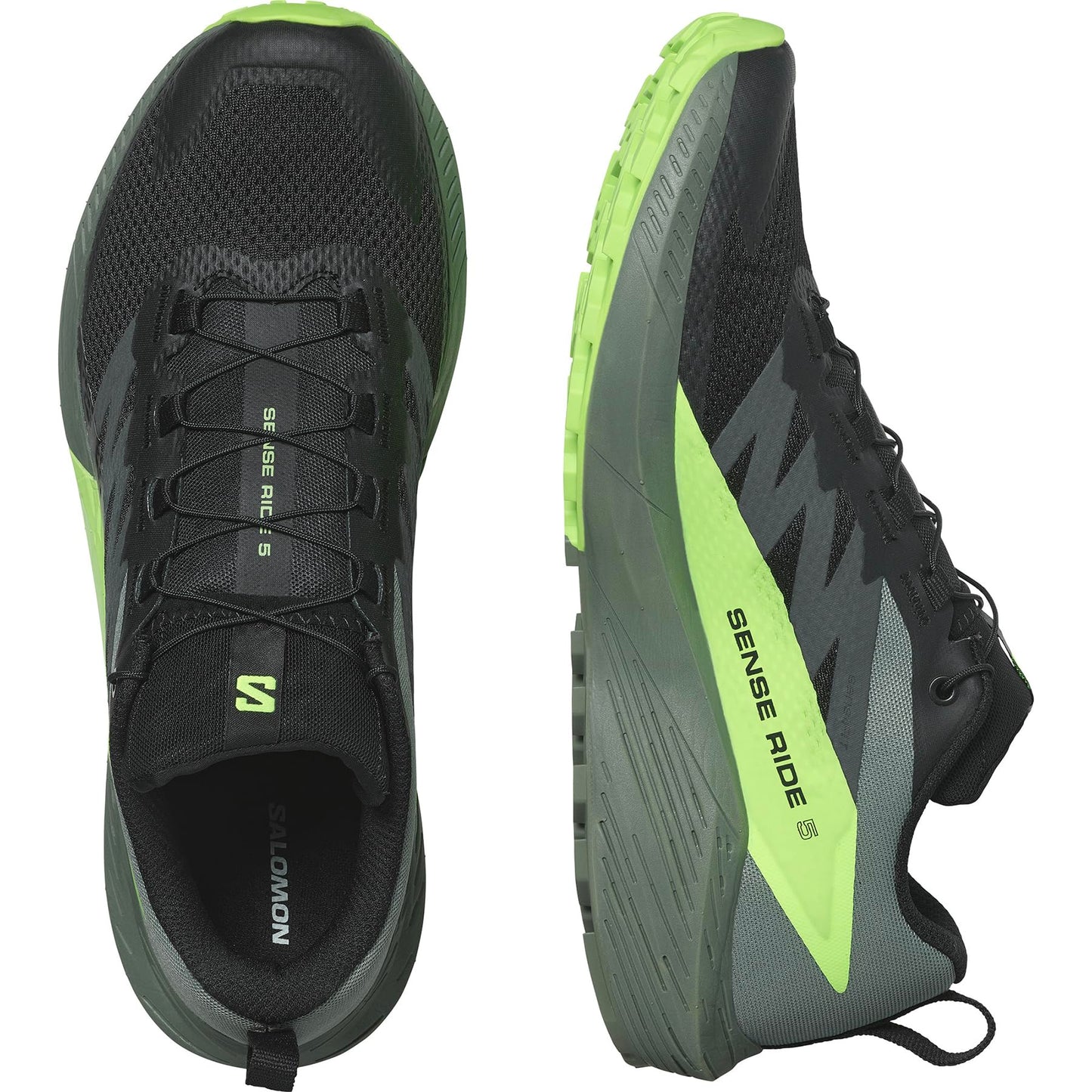 Salomon Herren Sense Ride 5 Traillaufschuhe, Black Laurel Wreath Green Gecko, 43 1/3 EU
