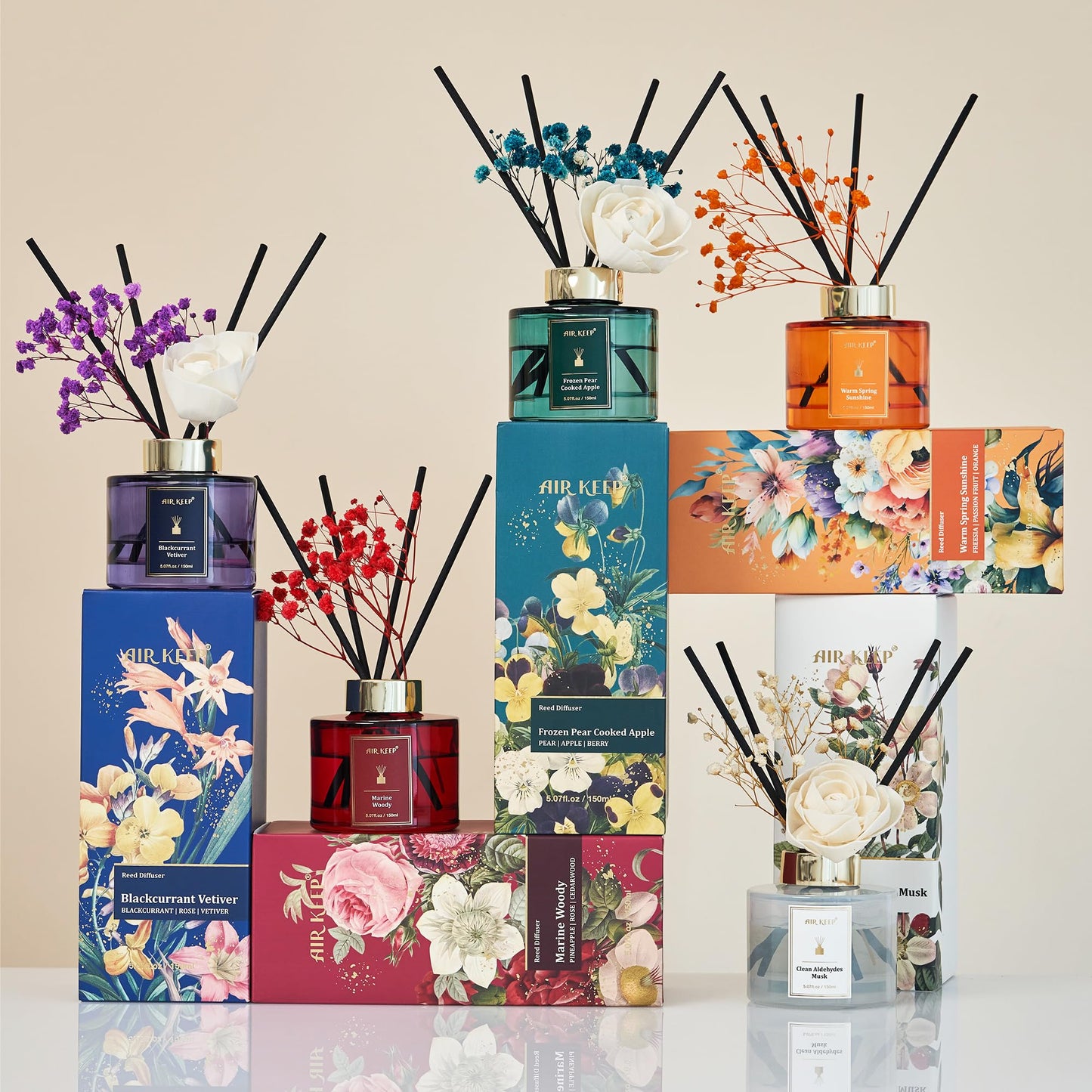 Airkeep Raumduft Frozen Pear Cooked Apple, Rose Reed Diffuser Set 150ml, Raumduft mit Stäbchen, Lufterfrischer Für Badezimmer, Wohnung, Heimdekoration