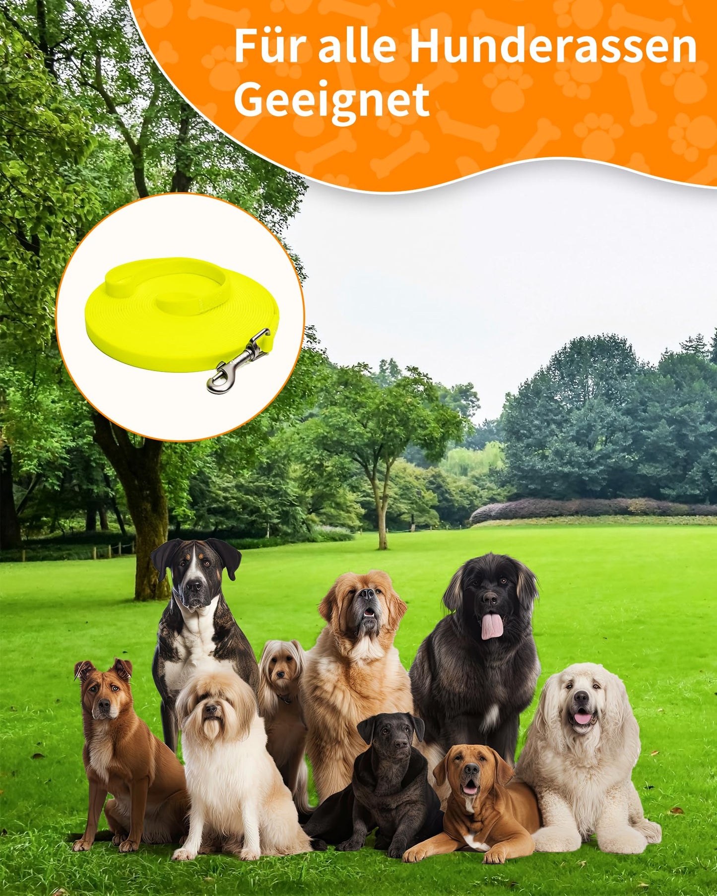 Toozey Wasserdicht Schleppleine für Hunde, 5m/10m/15m/20m - Robuste & Reißfeste Hundeleine mit Handschlaufe und Karabiner, Wetterfest Trainingsleine für Große bis Kleine Hunde, Neon Gelb