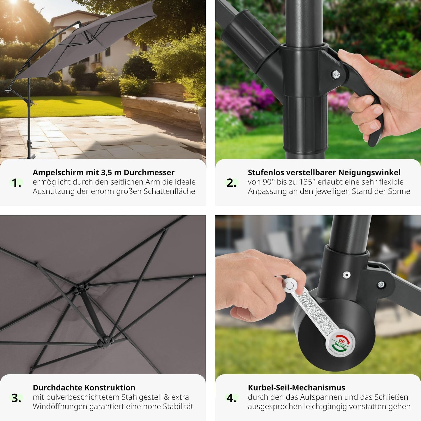 tectake Sonnenschirm mit Ständer, Ø 350 cm, Sonnenschutz für Balkon, Garten und Terrasse inkl. Schutzhülle, Ampelschirm groß mit Kurbel-Seilsystem, Schirm mit stabilem Gestell - grau