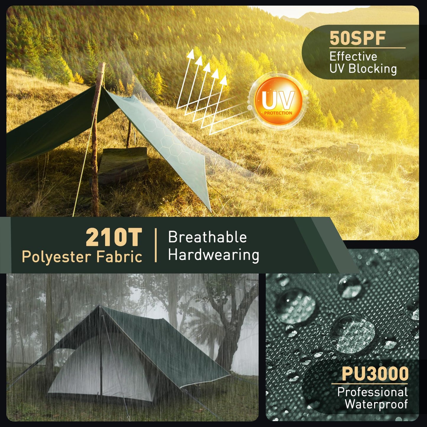 VOSOIR Tarp 3x3M Wasserdicht, Ultraleicht Camping Zeltplane, mit 9 Öse+6 Aluminiumstifte+8 Nylonseile, Anti-UV Schnee Regen Schutz, Leicht Kompakt für Hängematte Camping Picknick Wandern(Dunkelgrün)