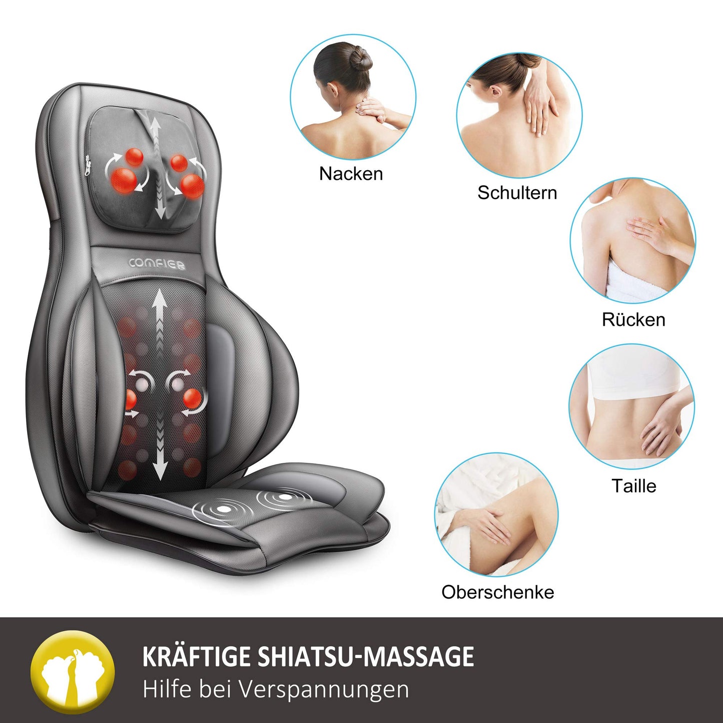 COMFIER Shiatsu Massagesitzauflage mit Knet-, Rollen-, Vibrations- und Luftkompressionsmassage, Massageauflage mit Wärmefunktion, für Nacken-, Schultern-, Rücken- und Oberschenkel