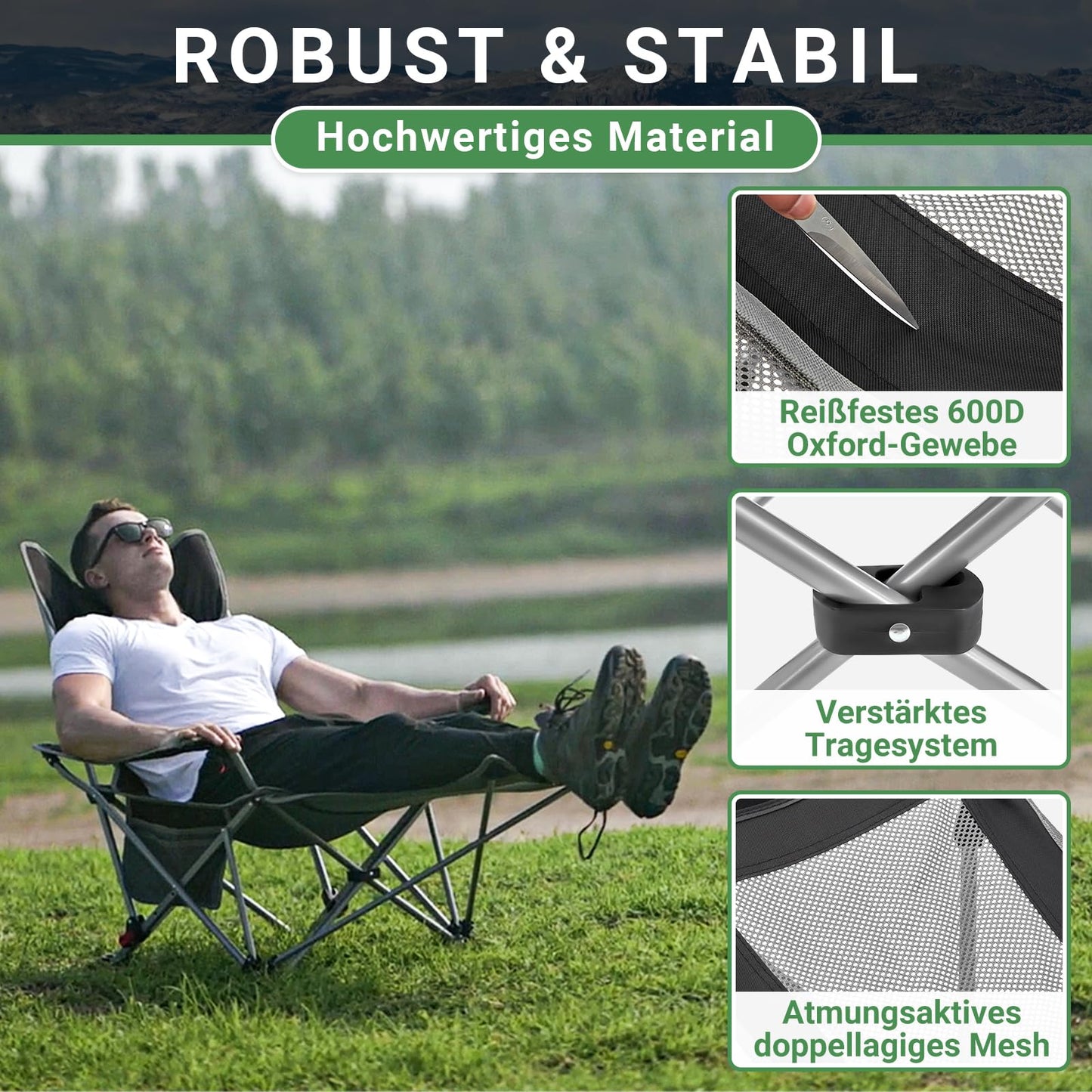 #WEJOY 2-in-1 Campingstuhl Faltbar mit Verstellbarer Rückenlehne & Fußstütze Campingstuhl Outdoor, Strandstuhl liegestuhlmit Wattepad Kissen Getränkehalter Armlehnentaschen Schwarz/Grau