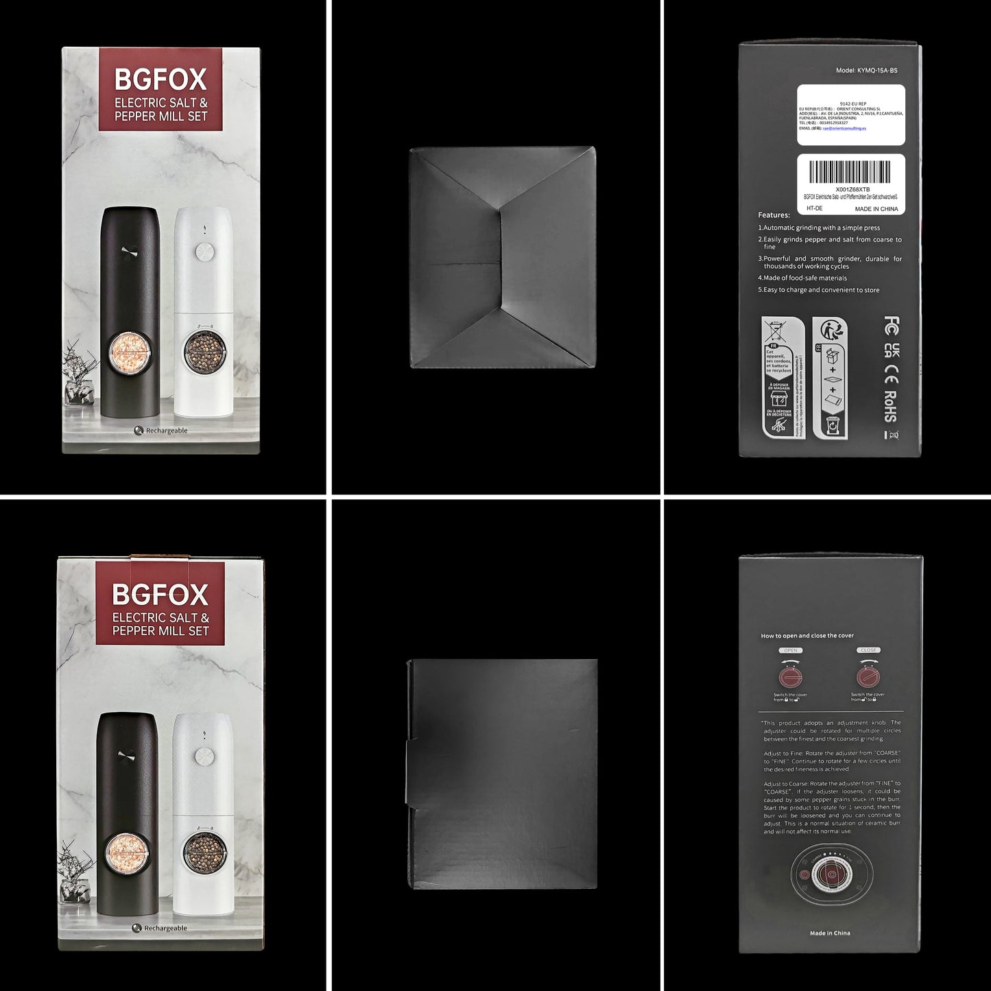 BGFOX Salz und Pfeffer Mühle Elektrisch 2er Set mit einstellbarem Keramik-Mahlwerk von grob bis fein, Gewürzmühlenset Automatisch mit Basis LED-Licht Type-c Reinigungspinsel (2 Stück) (Schwarz-Weiß)