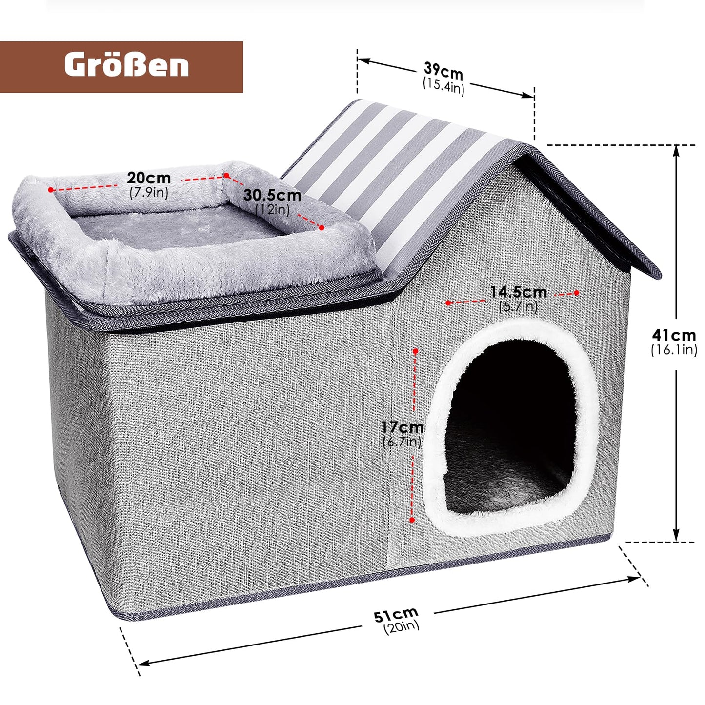 HEVOL Katzenhaus, Katzenhöhle Outdoor, Warm Hundehöhle, Abnehmbar Hundehütte mit Waschbarem Kissen und Plattform, Katzenhöhle für Draußen, Katzenhaus Höhle für Kleine und Mittlere Haustiere